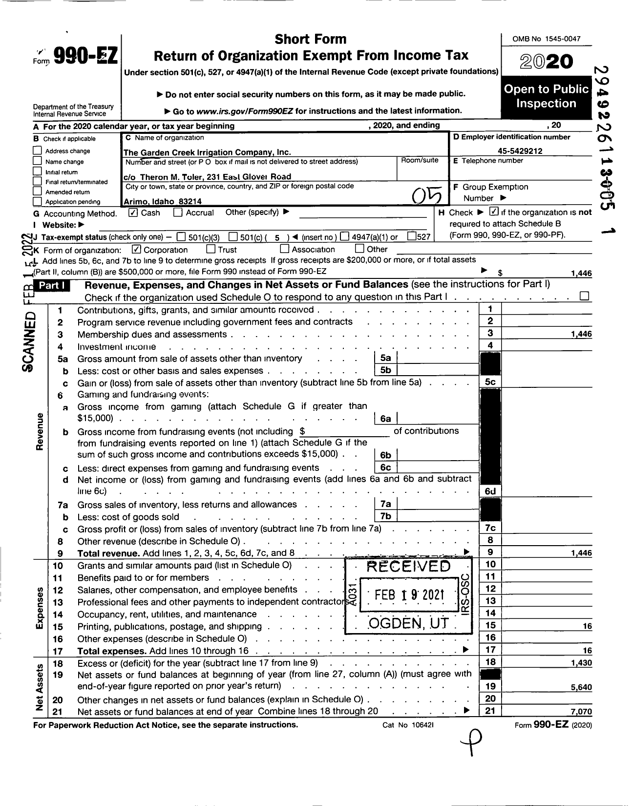 Image of first page of 2020 Form 990EO for Garden Creek Irrigation Company