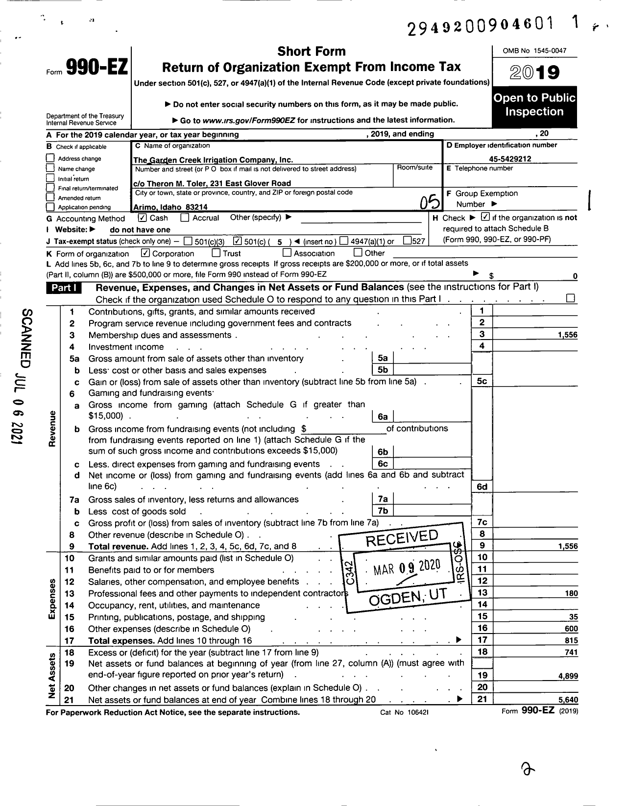 Image of first page of 2019 Form 990EO for Garden Creek Irrigation Company