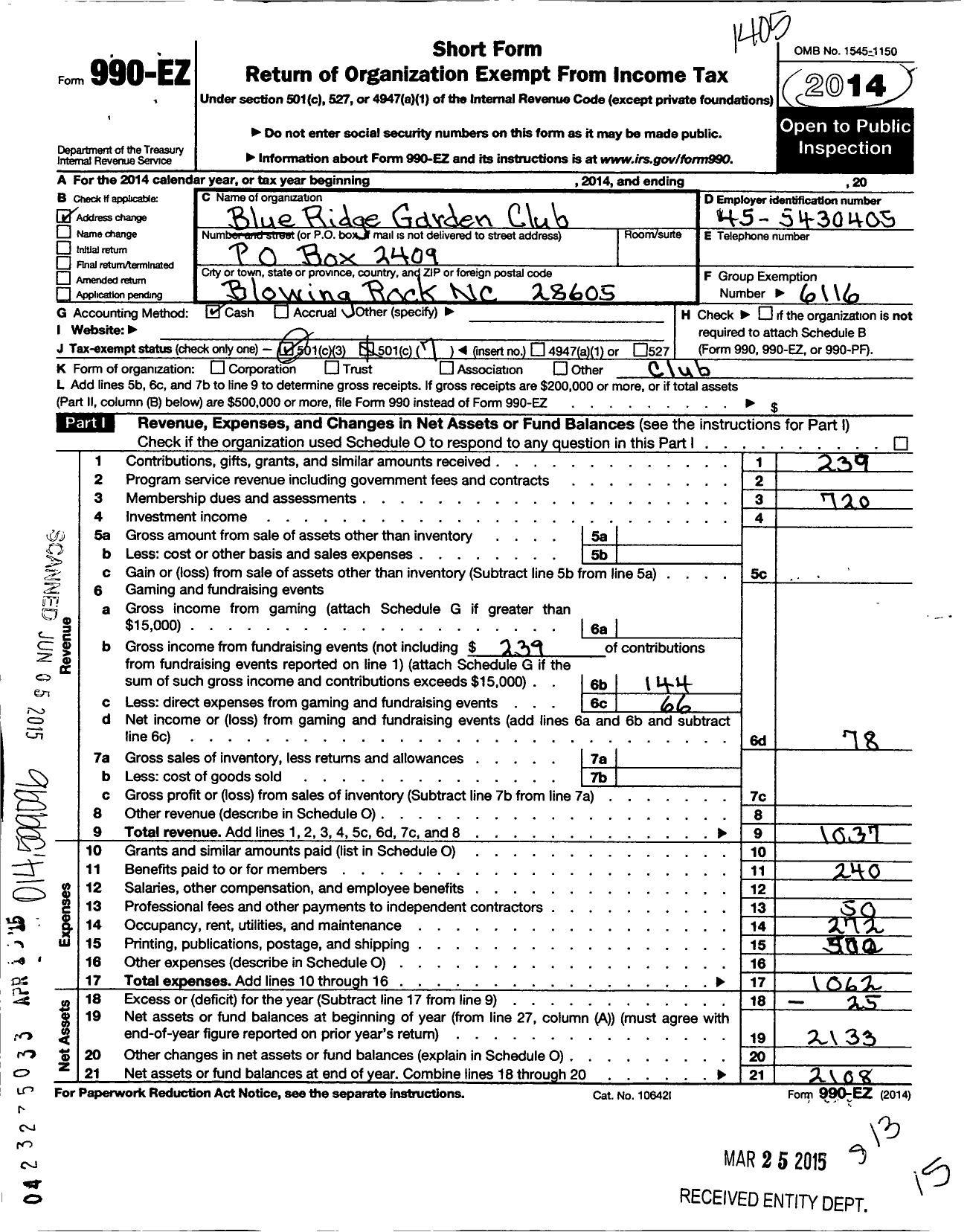 Image of first page of 2013 Form 990EO for The Garden Club of North Carolina / Blue Ridge Garden Club