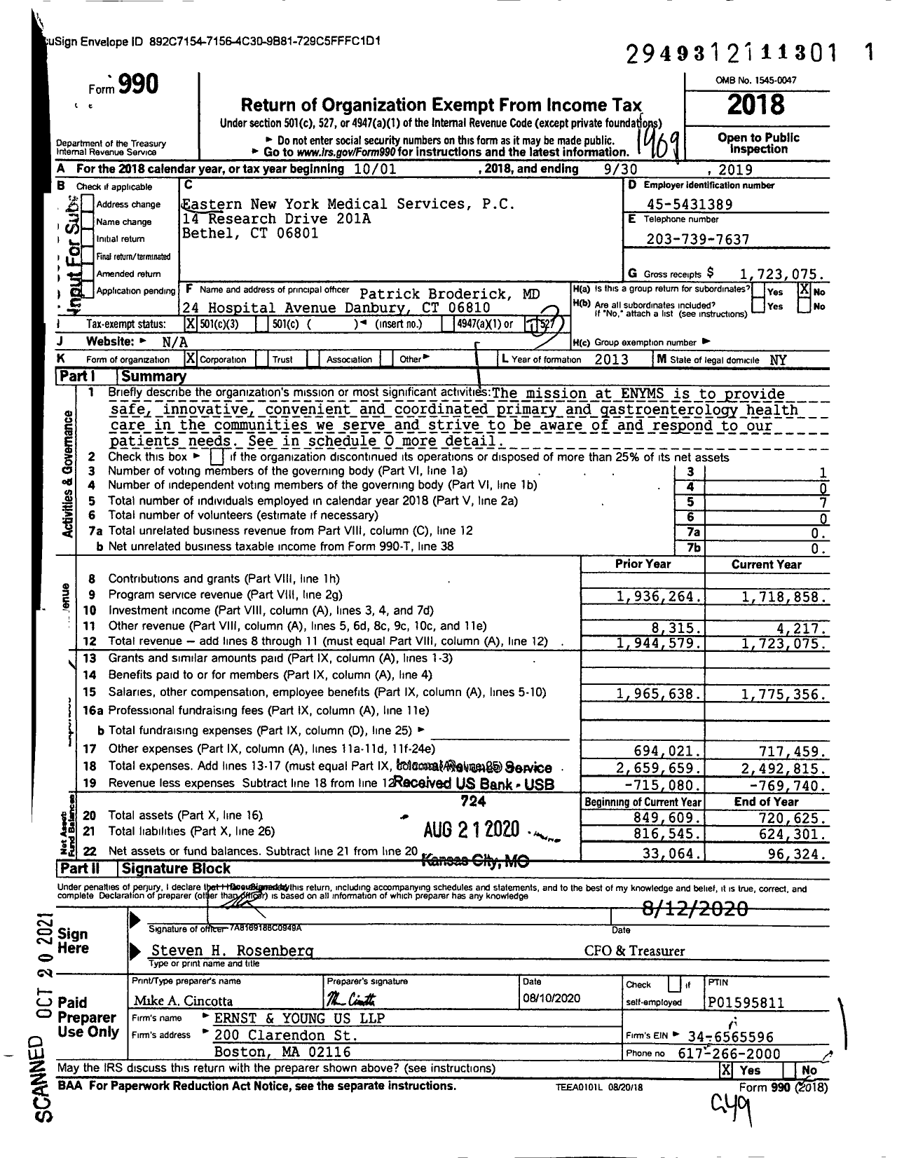Image of first page of 2018 Form 990 for Eastern New York Medical Services PC