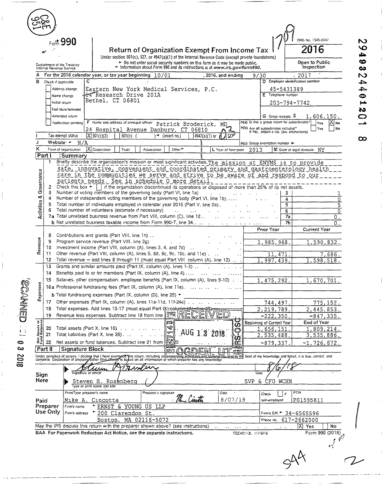 Image of first page of 2016 Form 990 for Eastern New York Medical Services PC