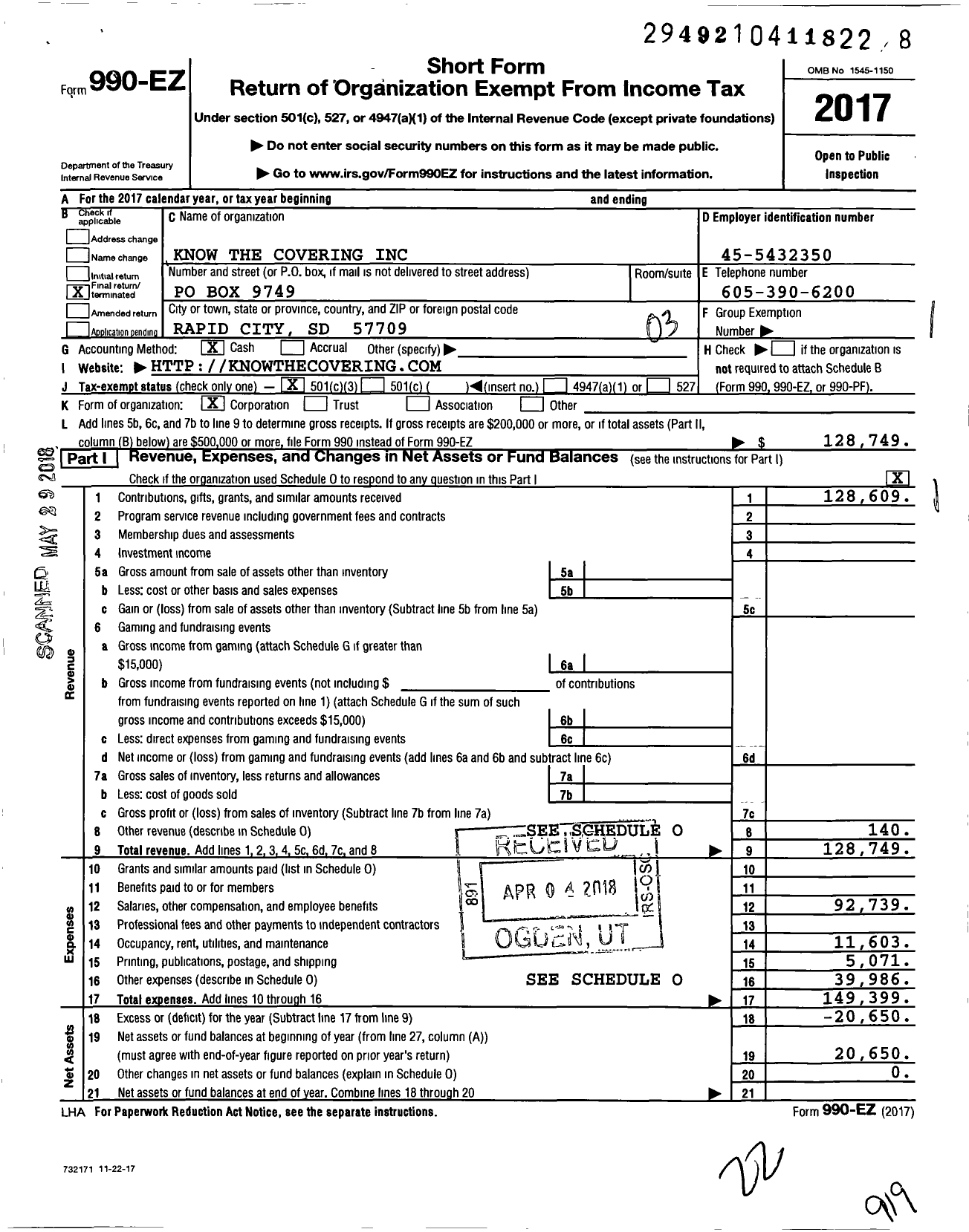 Image of first page of 2017 Form 990EZ for Know the Covering