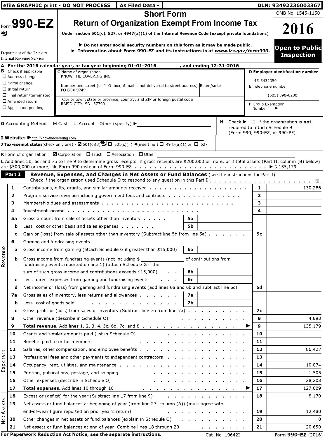 Image of first page of 2016 Form 990EZ for Know the Covering