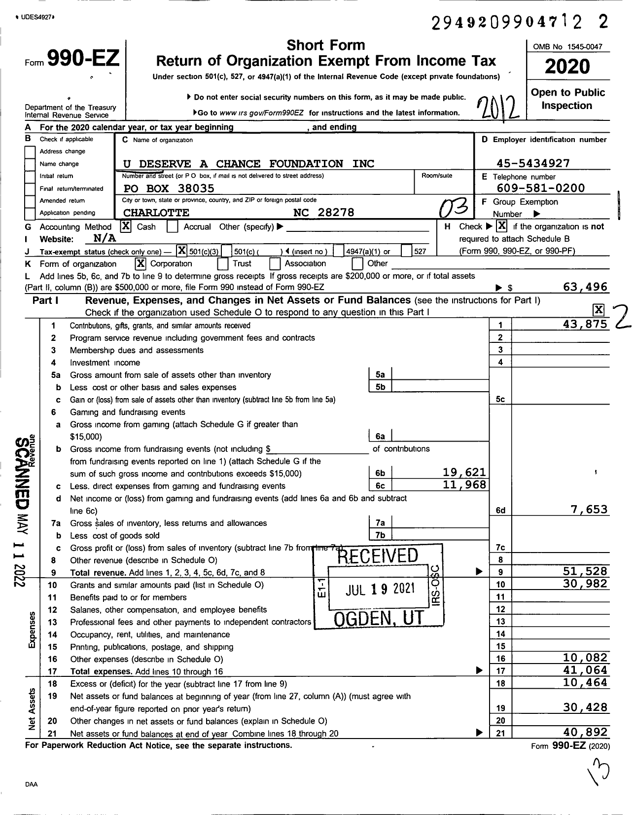 Image of first page of 2020 Form 990EZ for U Deserve A Chance Foundation