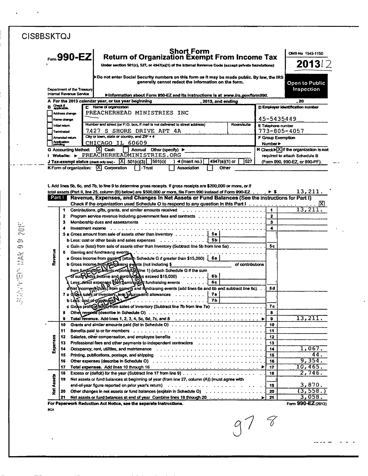 Image of first page of 2013 Form 990EZ for Preacherhead Ministries