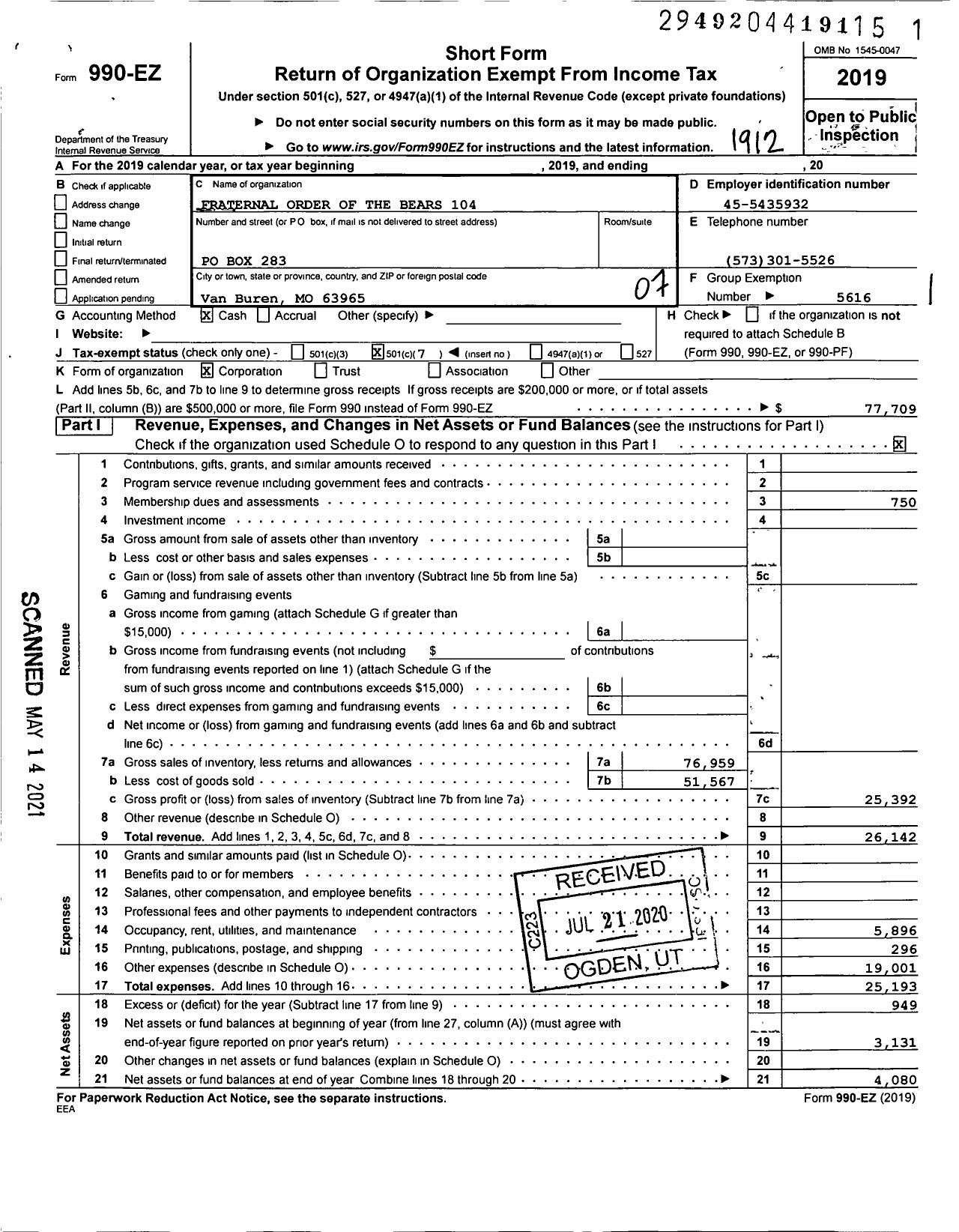 Image of first page of 2019 Form 990EO for Fraternal Order of the Bears - 104 Fraternal Order of the Bears