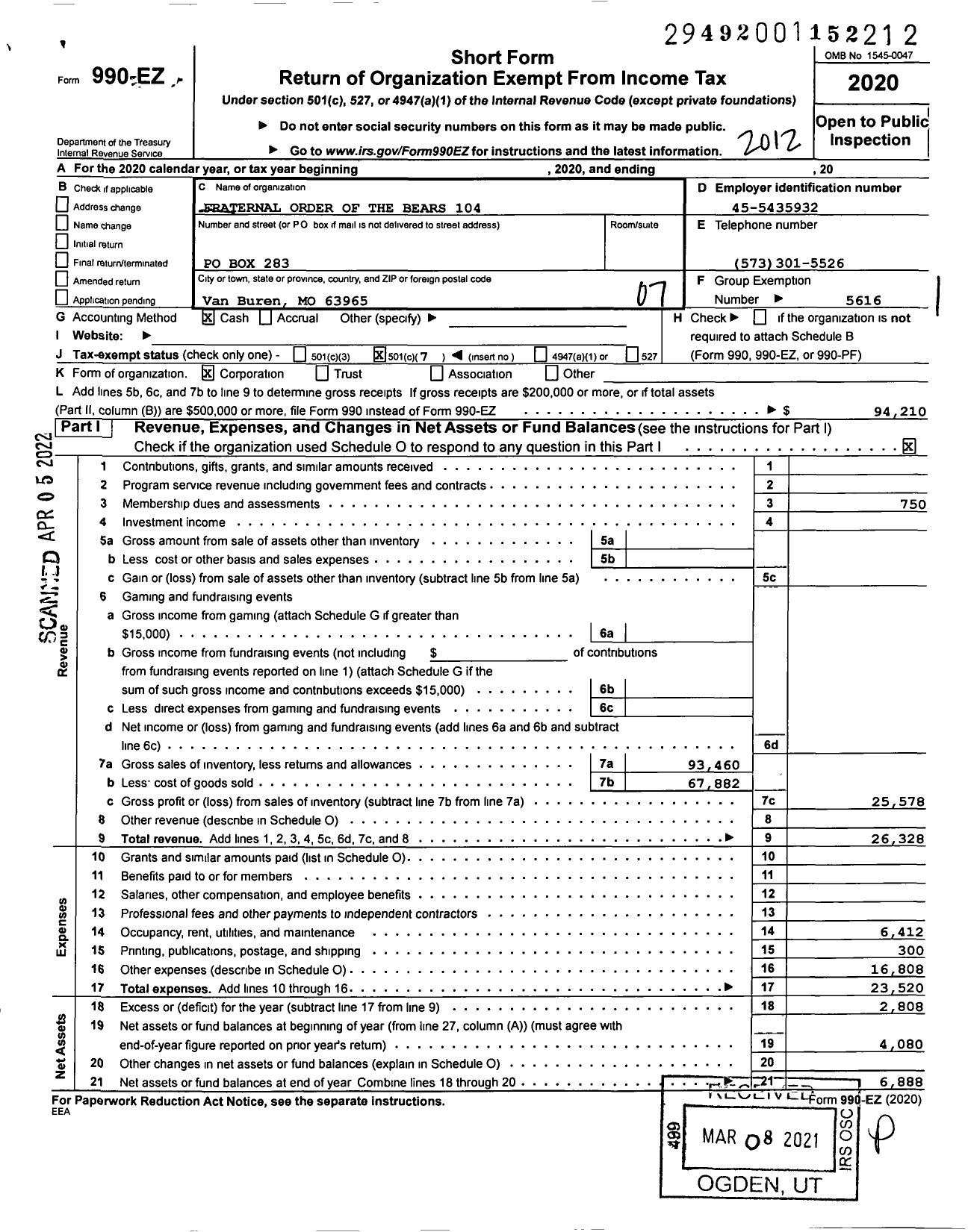 Image of first page of 2020 Form 990EO for Fraternal Order of the Bears - 104 Fraternal Order of the Bears