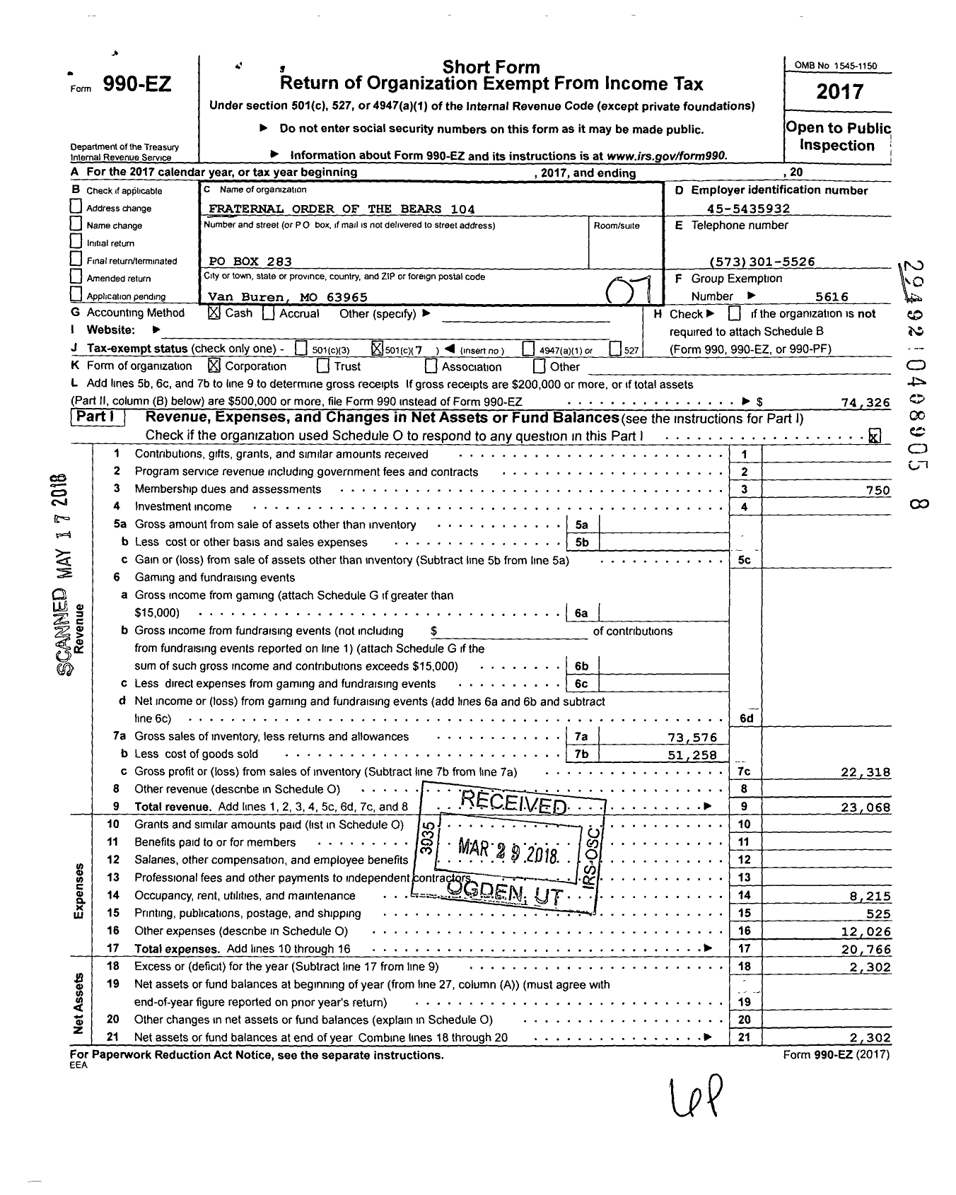 Image of first page of 2017 Form 990EO for Fraternal Order of the Bears - 104 Fraternal Order of the Bears