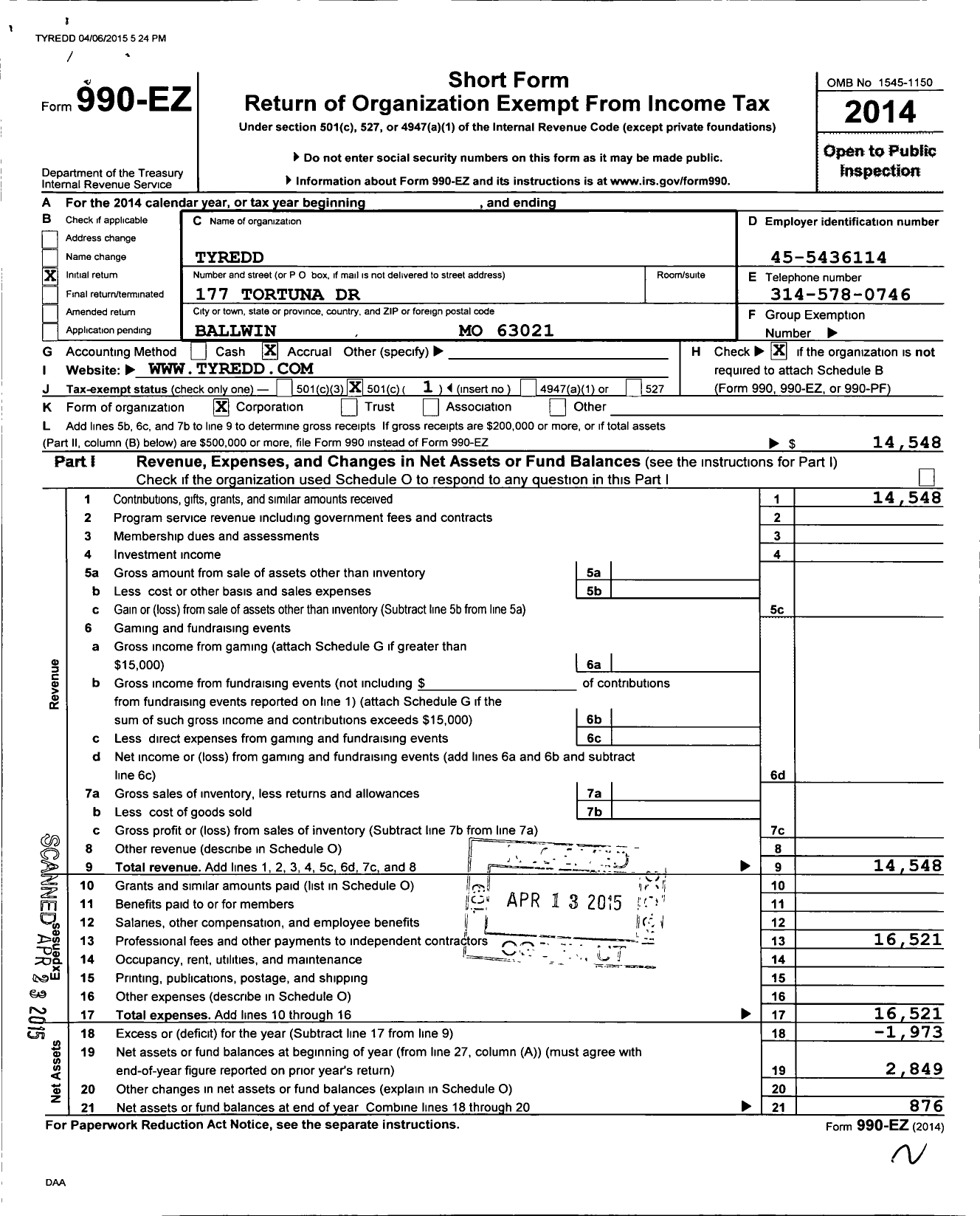 Image of first page of 2014 Form 990EO for Tyredd