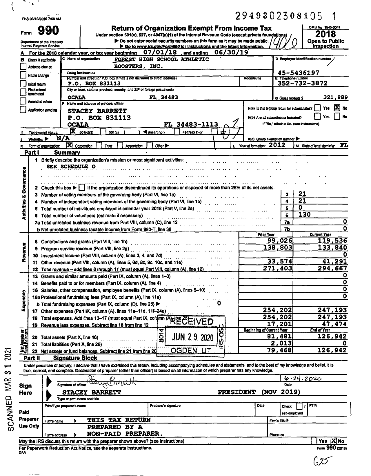 Image of first page of 2018 Form 990 for Forest High School Athletic Boosters