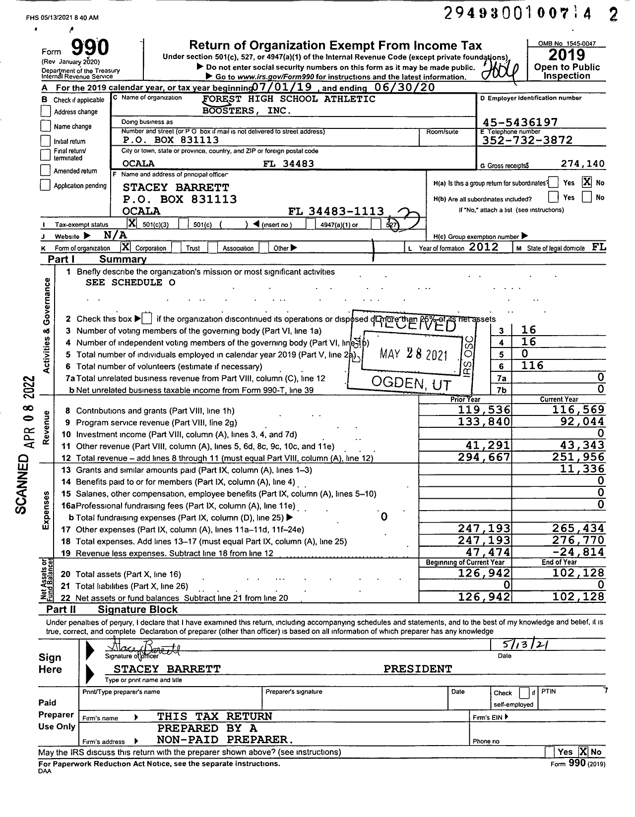 Image of first page of 2019 Form 990 for Forest High School Athletic Boosters