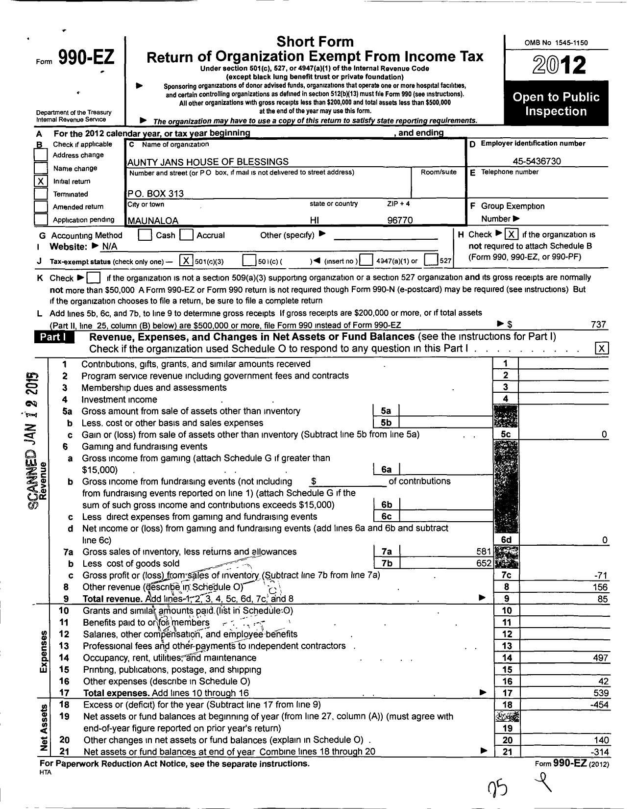 Image of first page of 2012 Form 990EZ for Aunty Jan's House of Blessings