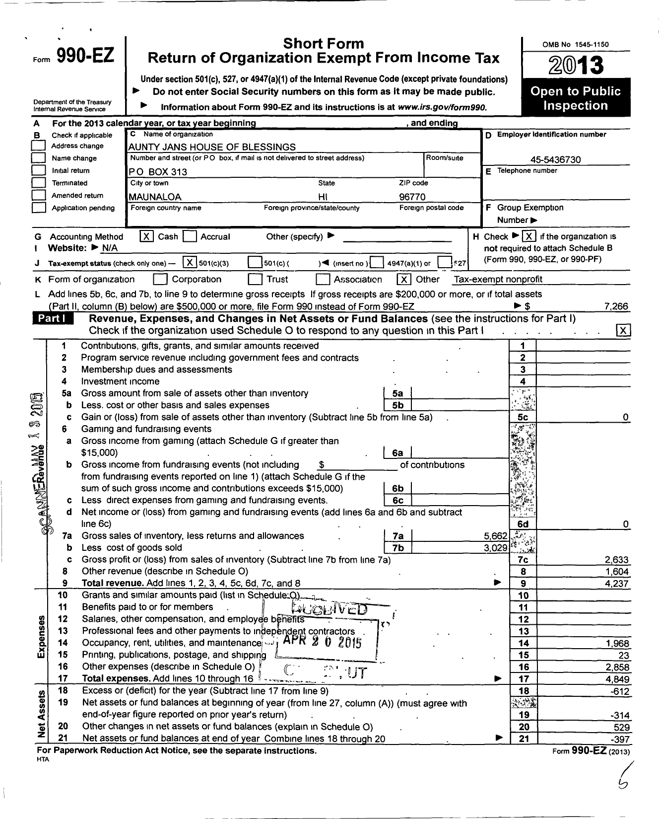 Image of first page of 2013 Form 990EZ for Aunty Jan's House of Blessings