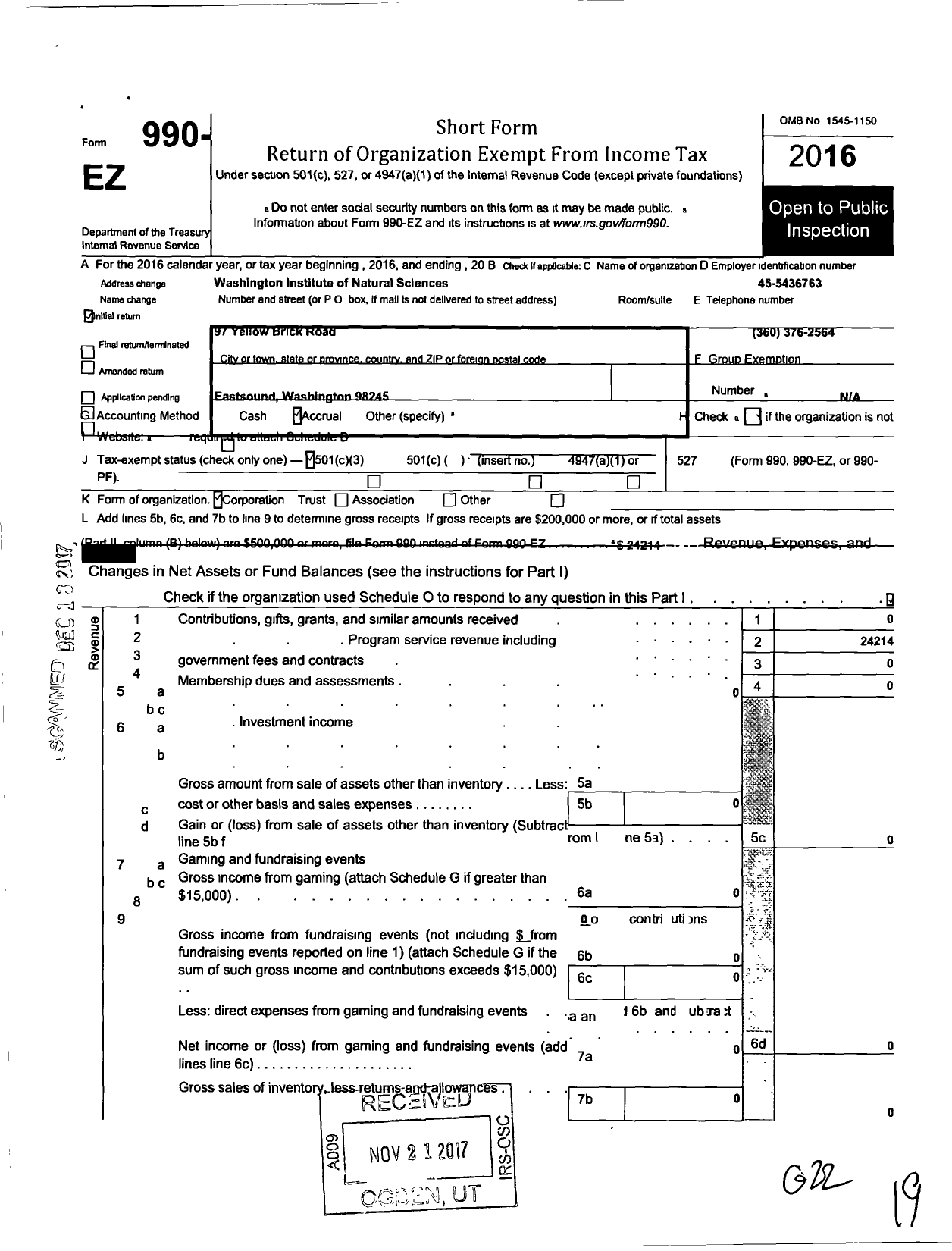 Image of first page of 2016 Form 990EZ for Washington Institute of Natural Sciences