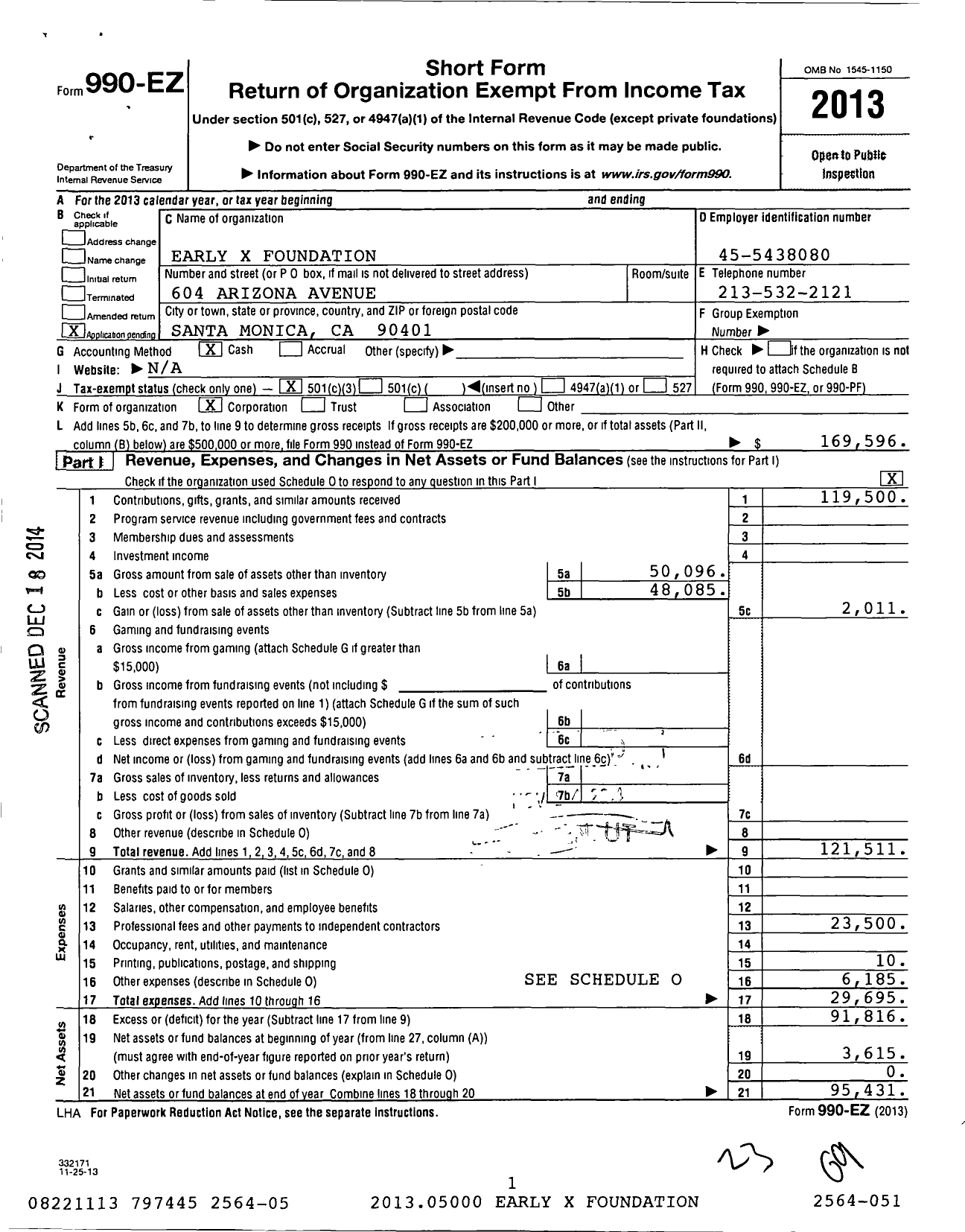 Image of first page of 2013 Form 990EZ for Early X Foundation