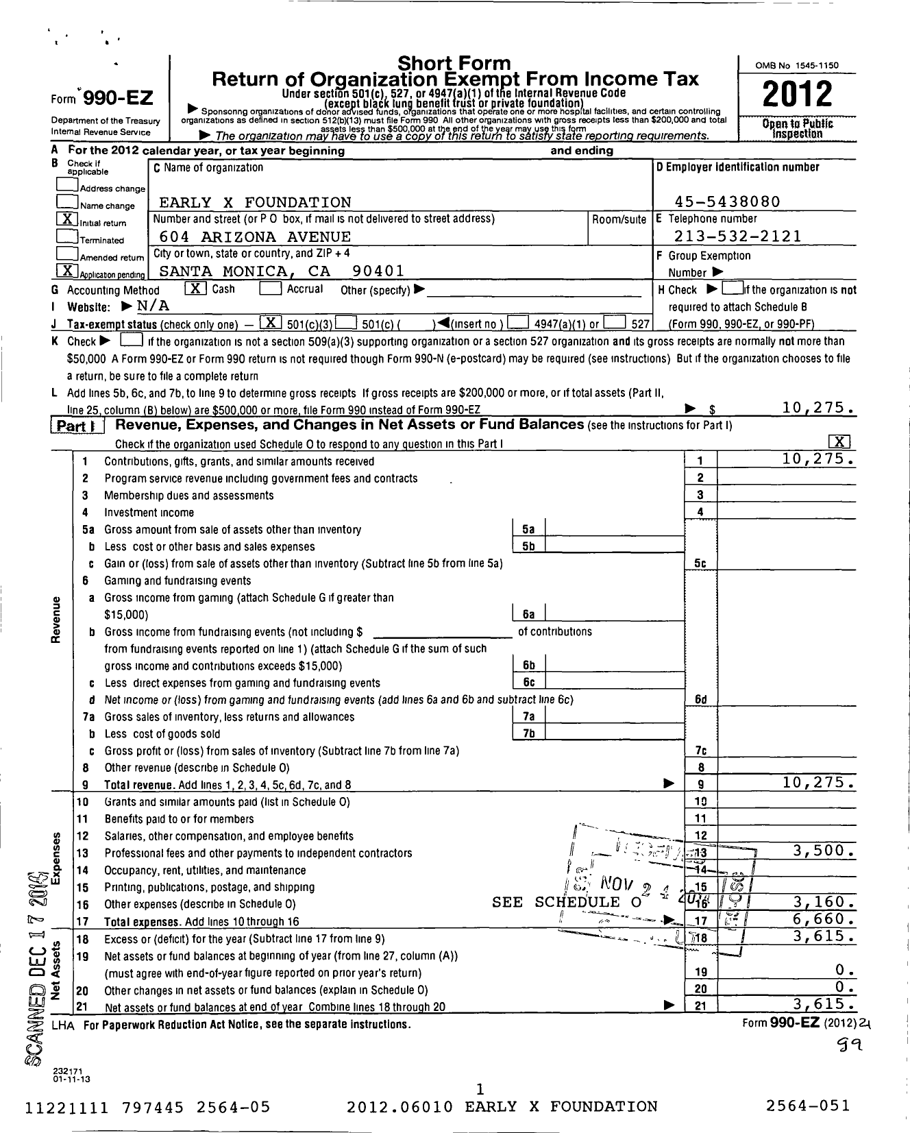 Image of first page of 2012 Form 990EZ for Early X Foundation