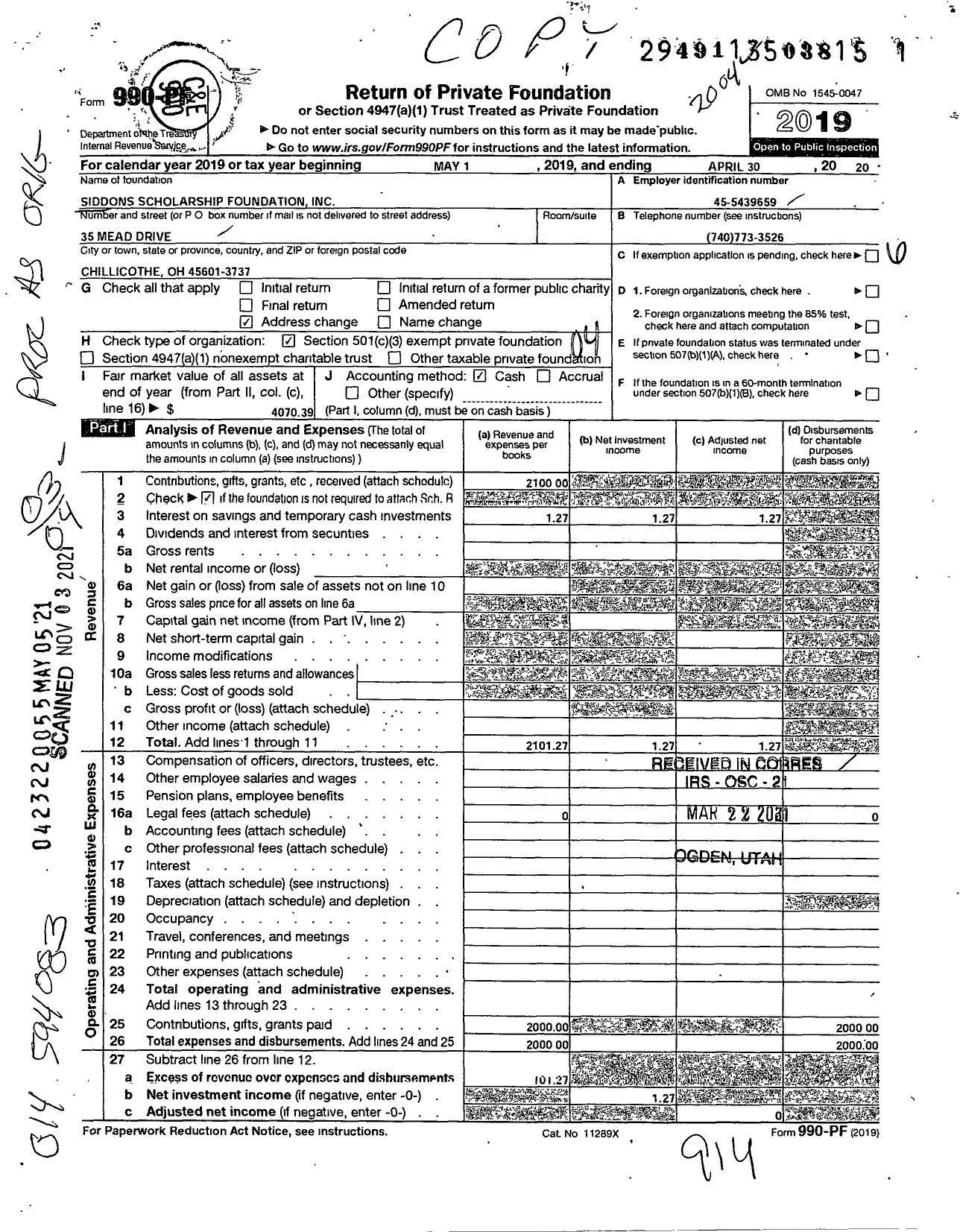 Image of first page of 2019 Form 990PF for Siddons Scholarship Foundation