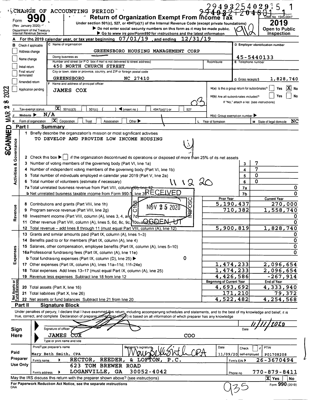 Image of first page of 2019 Form 990 for Greensboro Housing Management Corporation