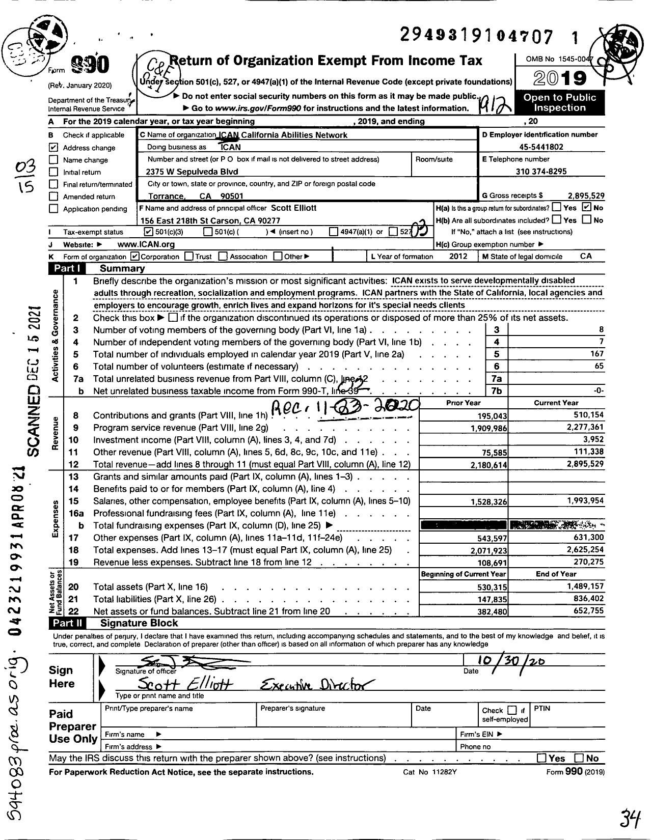 Image of first page of 2019 Form 990 for ICAN California Abilities Network (ICAN)