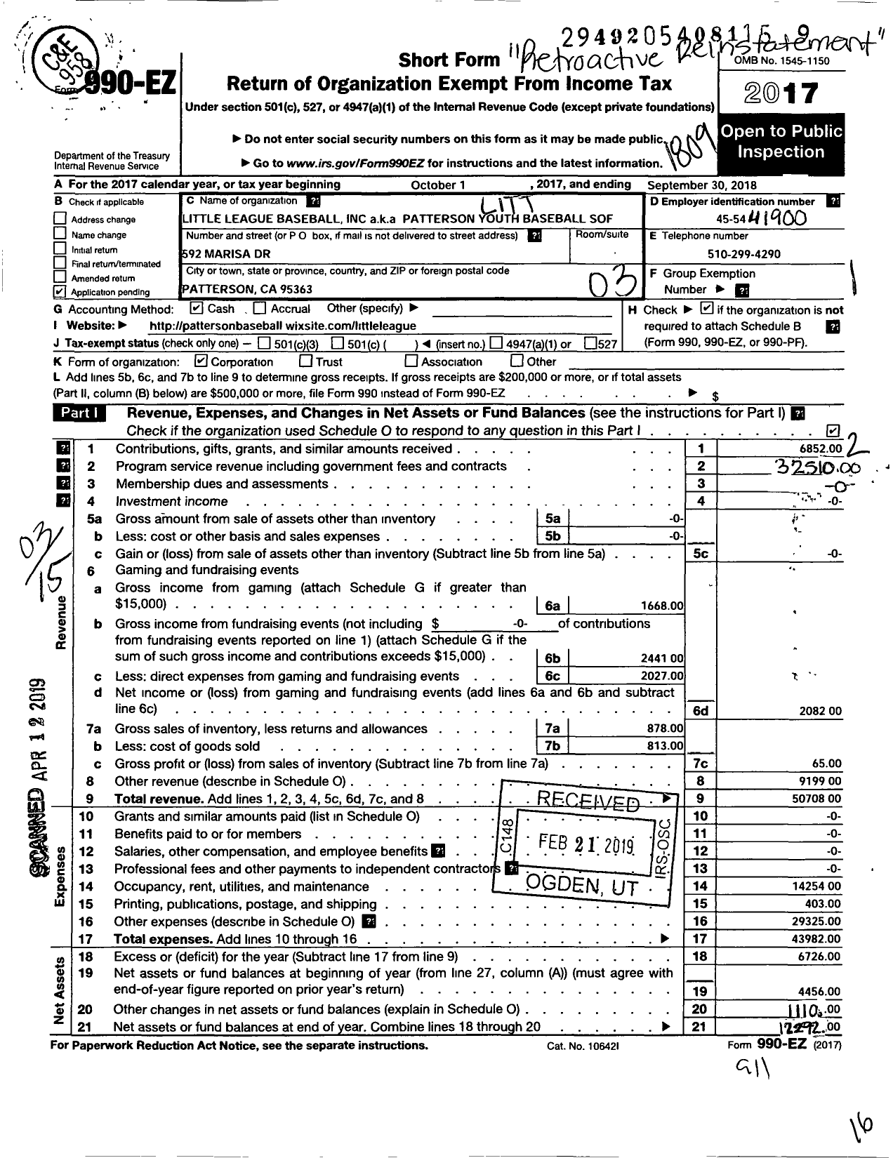 Image of first page of 2017 Form 990EZ for LITTLE LEAGUE BASEBALL - 222992 Patterson Youth BASEBALL LL