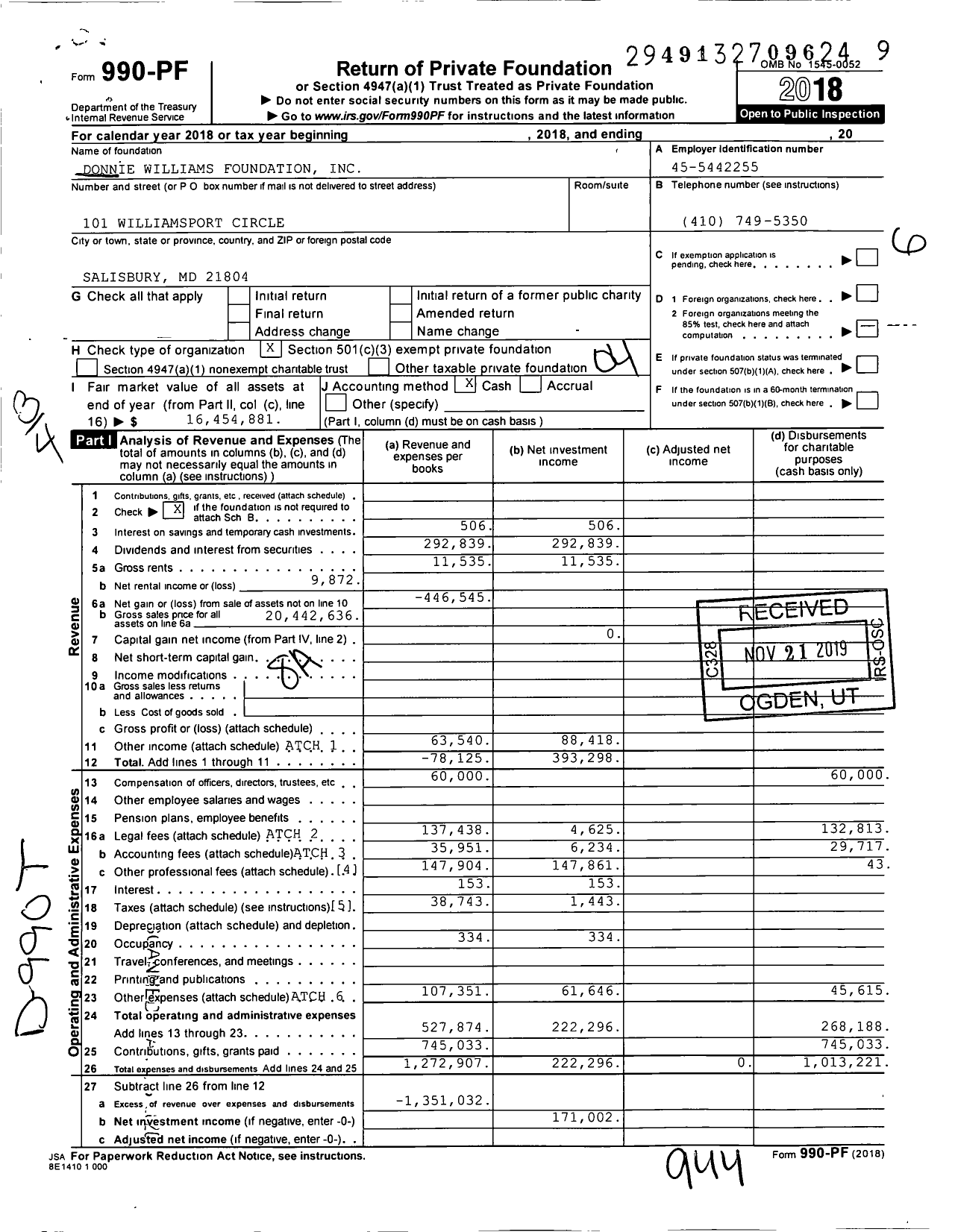 Image of first page of 2018 Form 990PF for Donnie Williams Foundation