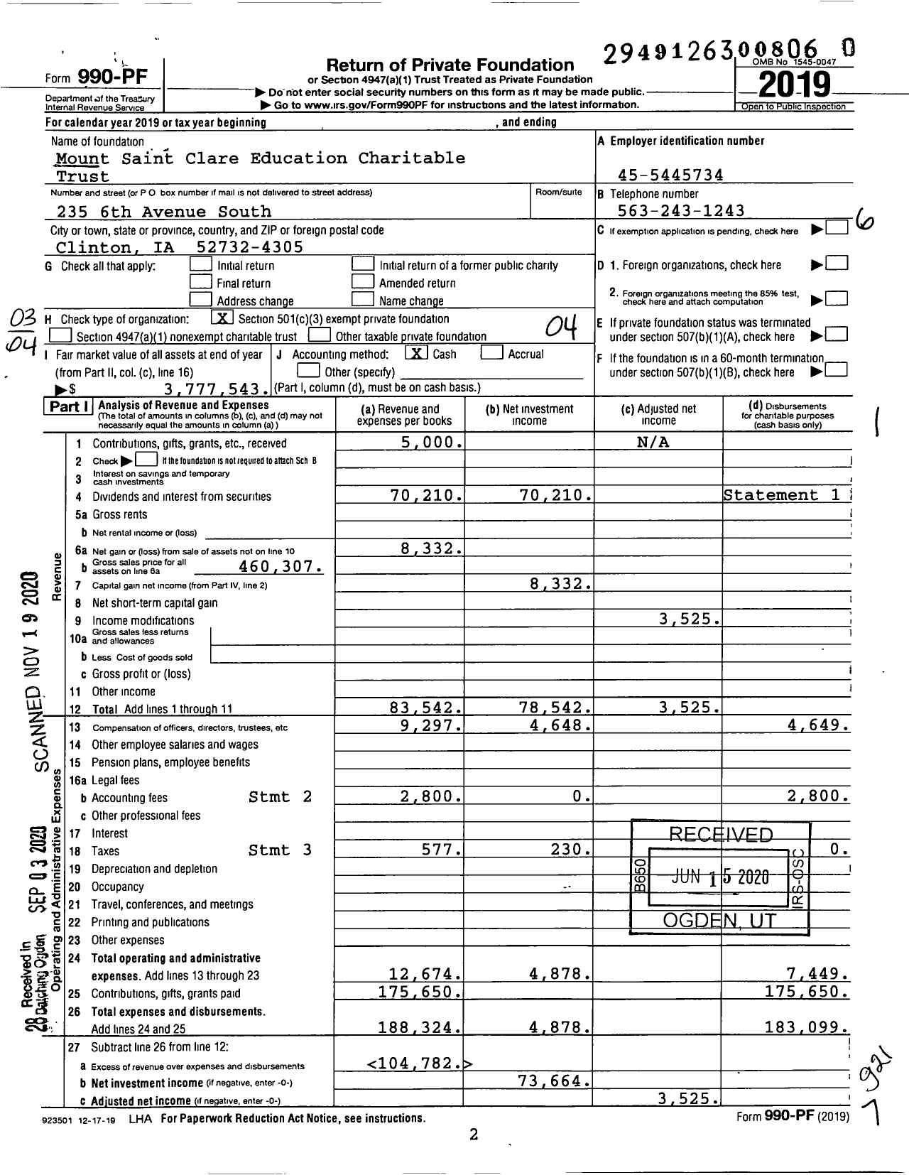 Image of first page of 2019 Form 990PF for Mount Saint Clare Education Charitable Trust