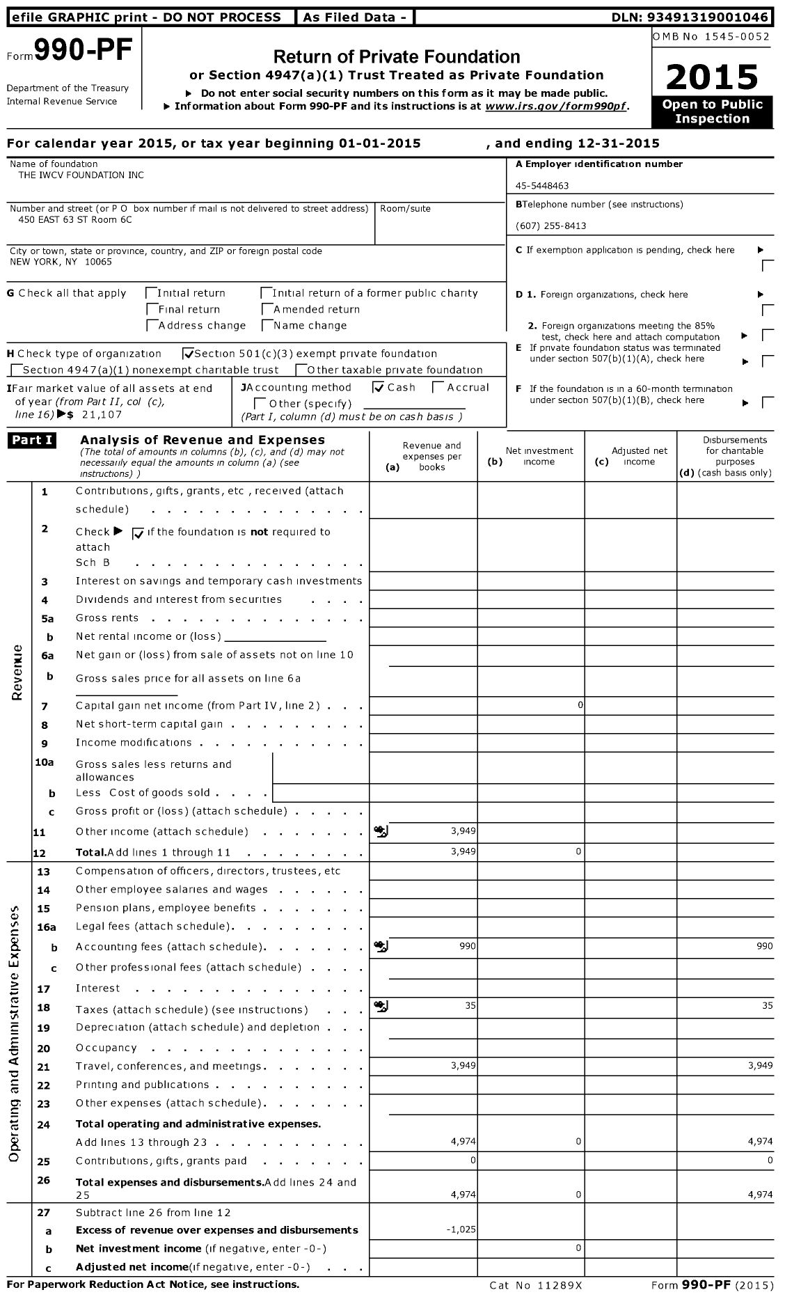 Image of first page of 2015 Form 990PF for The Iwcv Foundation