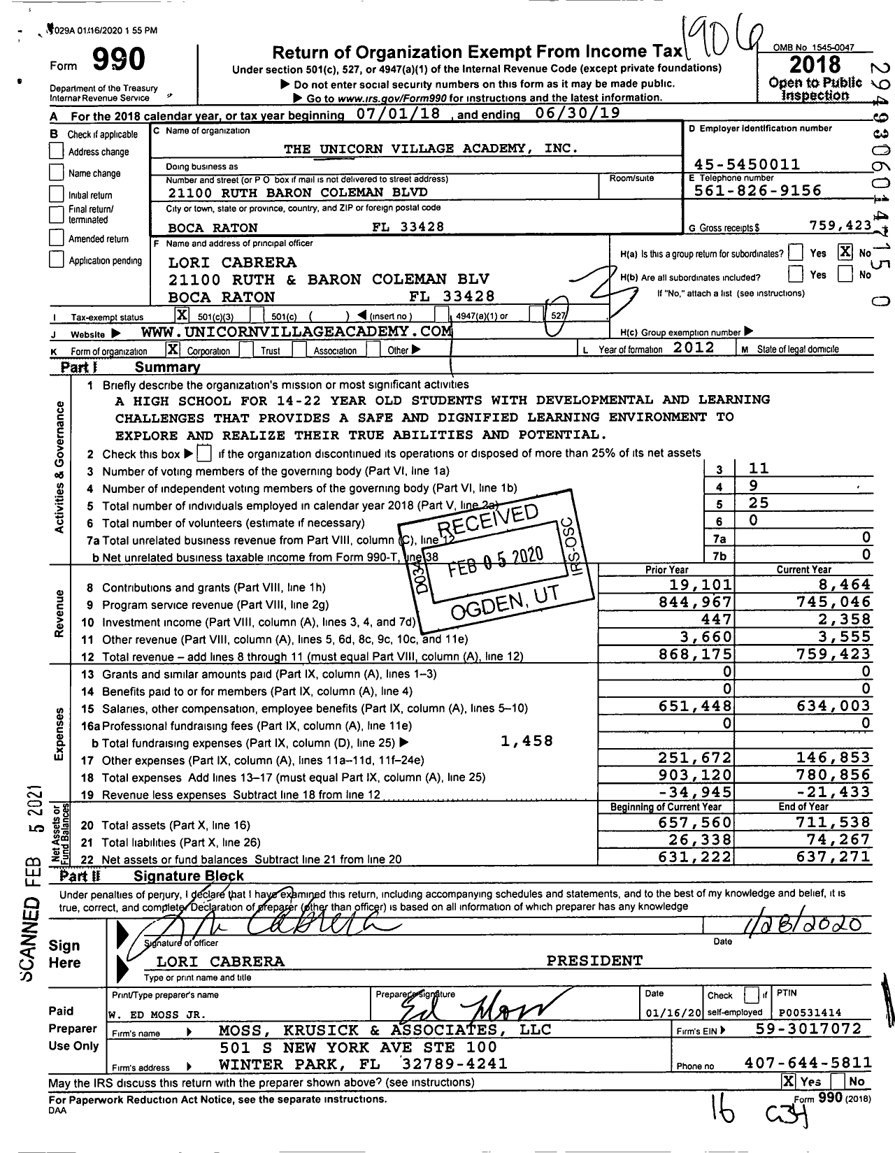 Image of first page of 2018 Form 990 for Boca School for Autism