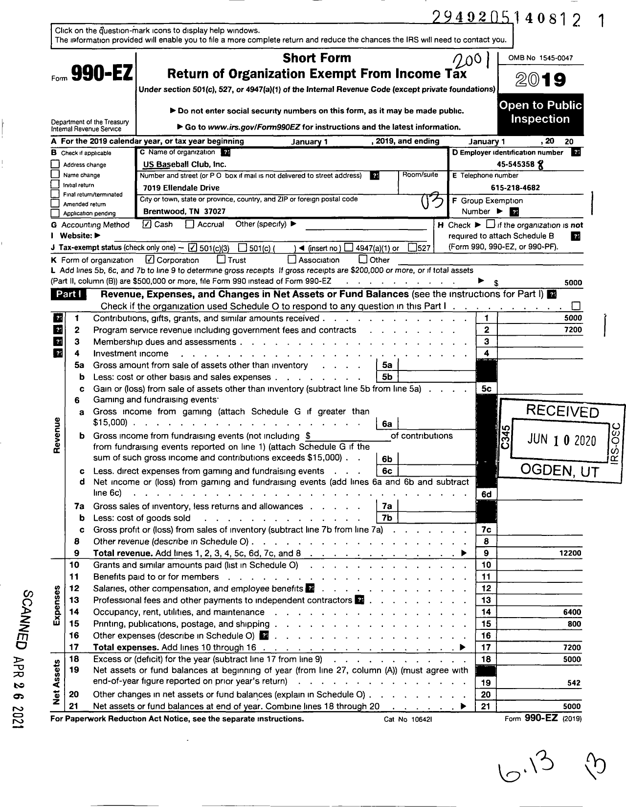 Image of first page of 2019 Form 990EZ for US Baseball Club