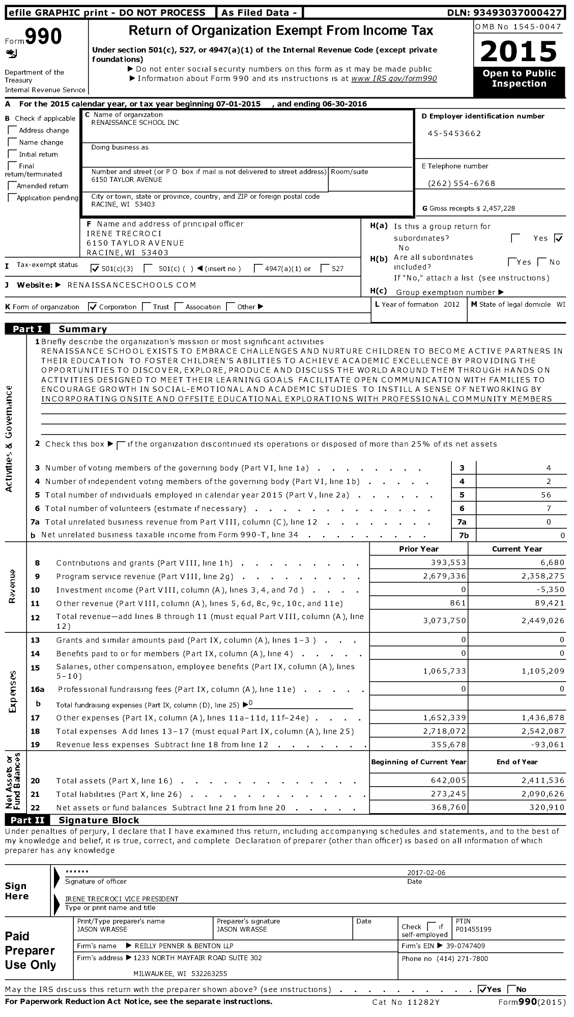 Image of first page of 2015 Form 990 for Renaissance School