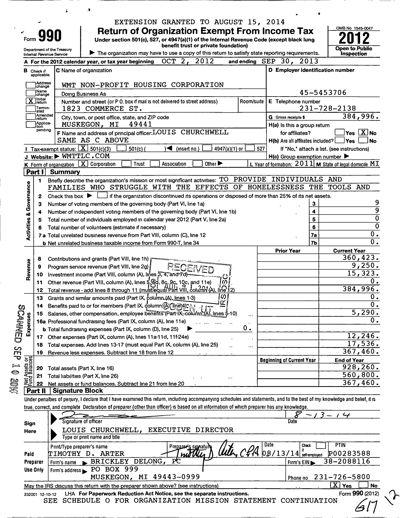 Image of first page of 2012 Form 990 for WMT Non-Profit Housing Corporation