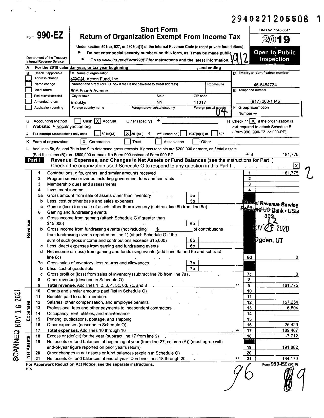 Image of first page of 2019 Form 990EO for Vocal-Ny Action Fund