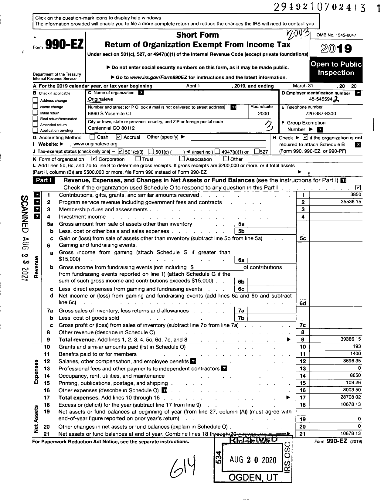 Image of first page of 2019 Form 990EZ for Originateve