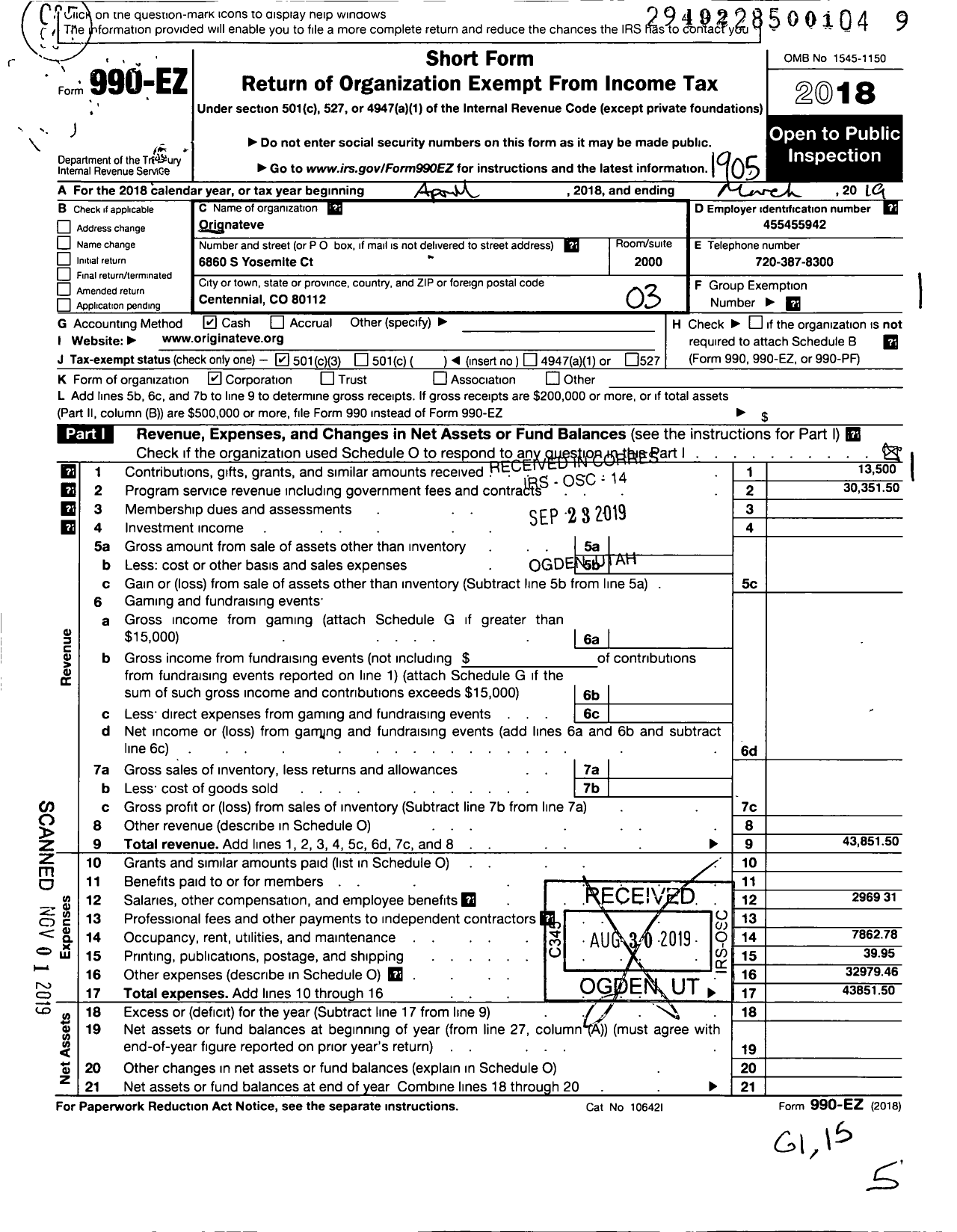 Image of first page of 2018 Form 990EZ for Originateve