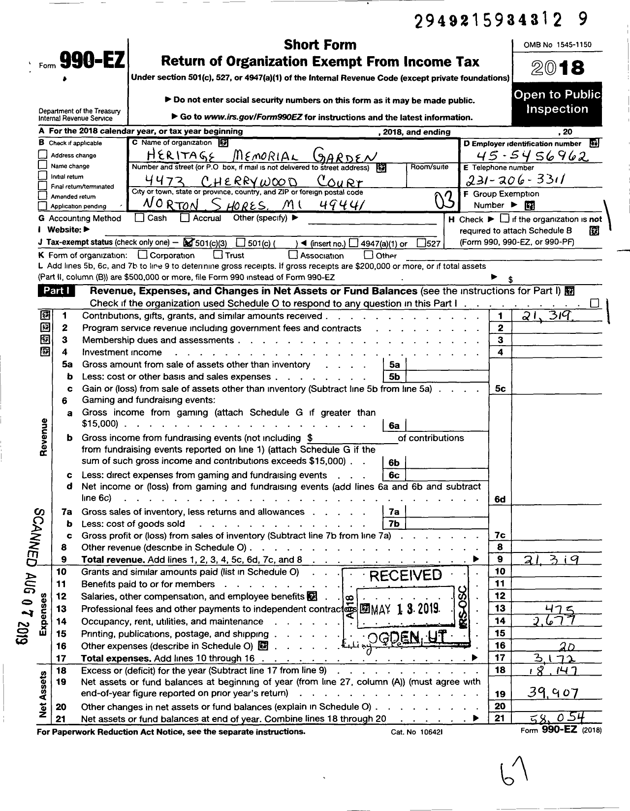 Image of first page of 2018 Form 990EZ for Heritage Memorial Garden