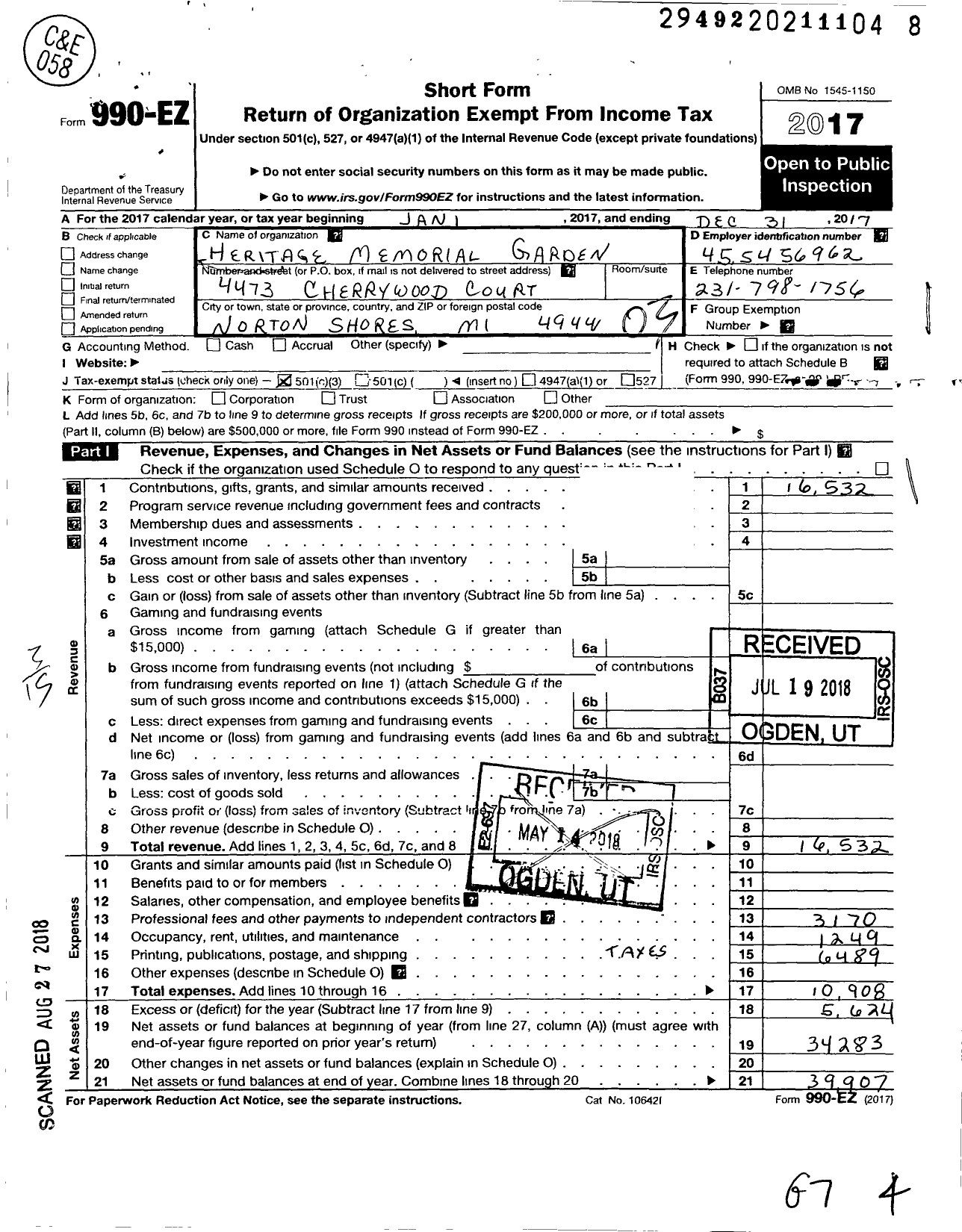 Image of first page of 2017 Form 990EZ for Heritage Memorial Garden