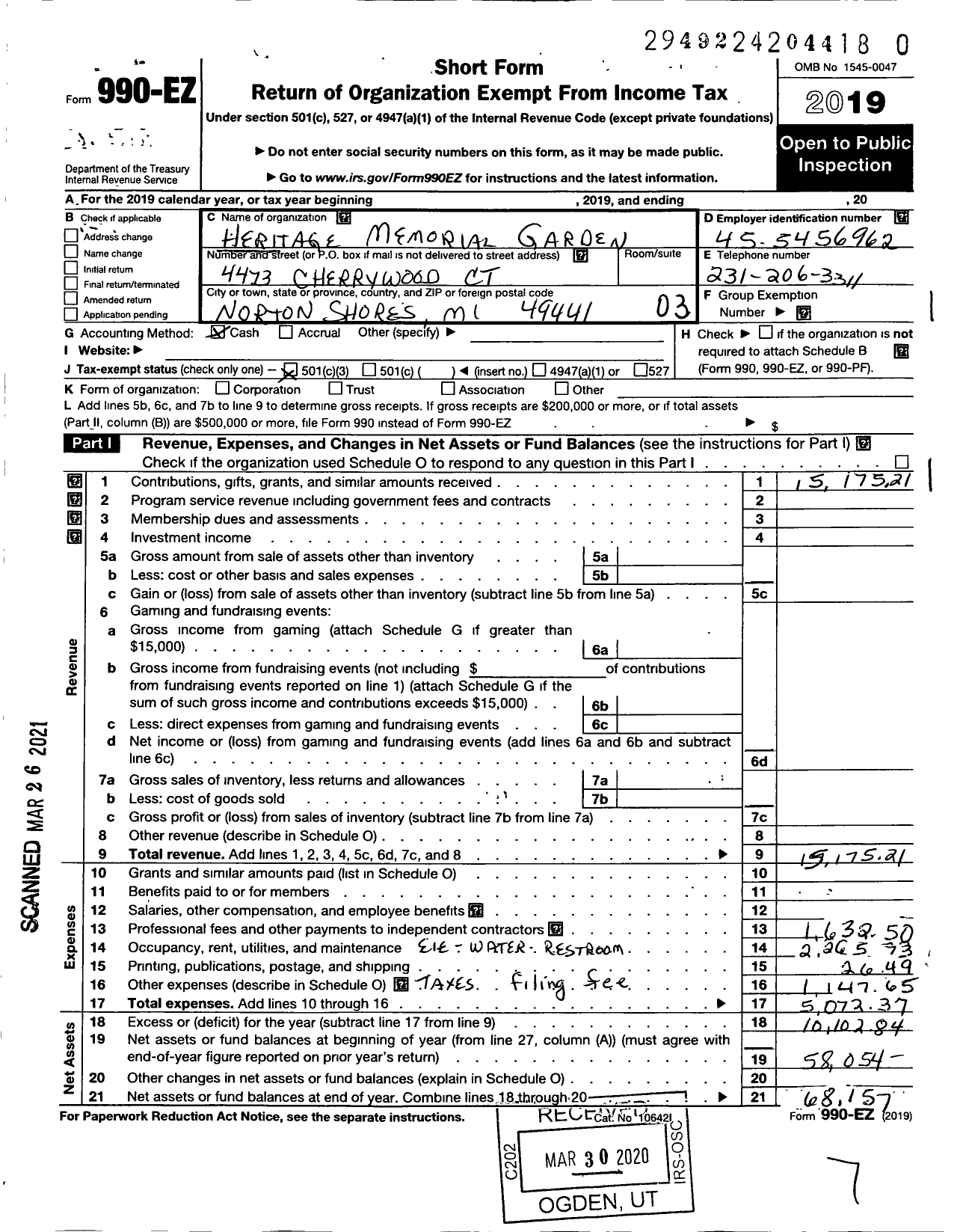 Image of first page of 2019 Form 990EZ for Heritage Memorial Garden