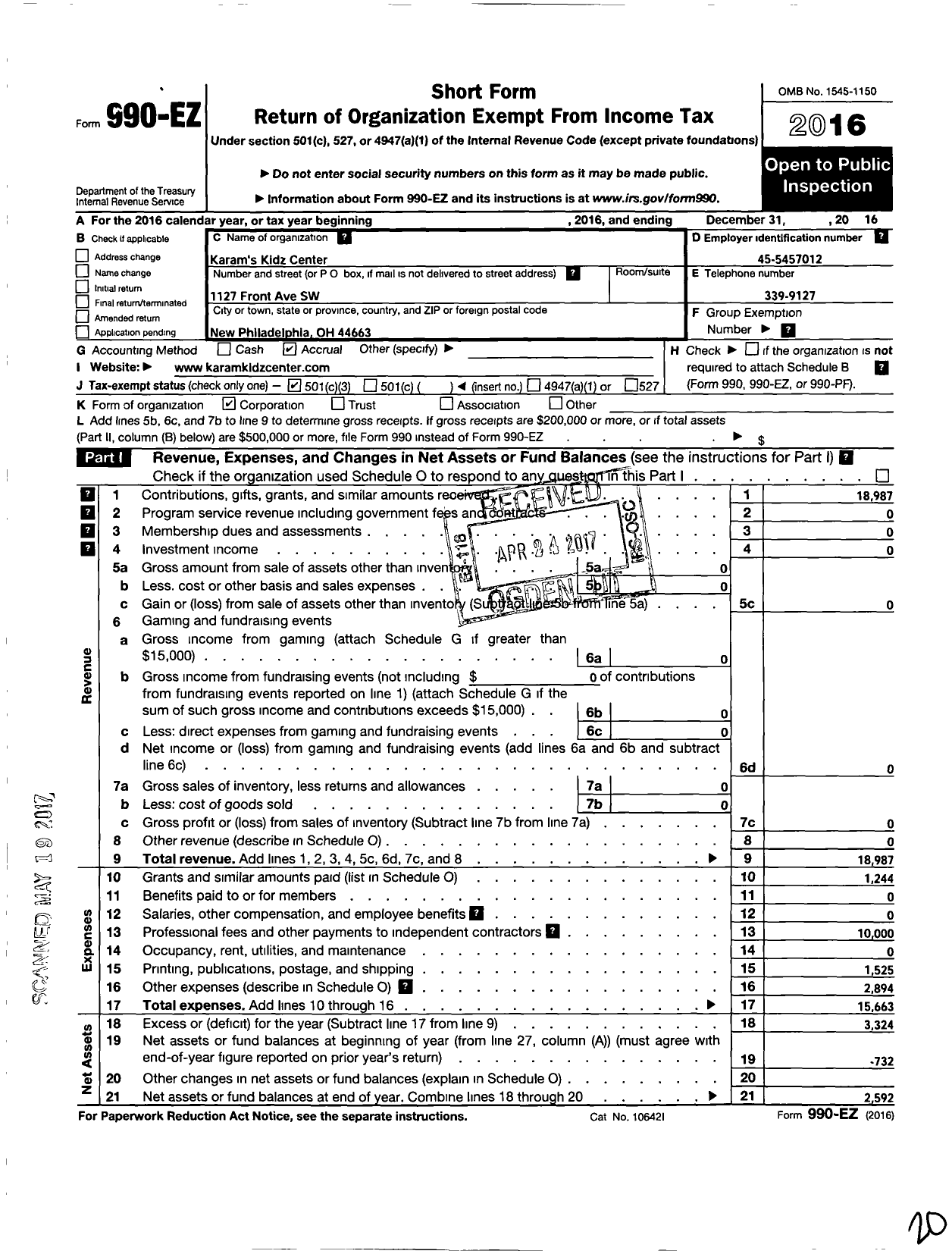 Image of first page of 2016 Form 990EZ for Karams Kidz Center