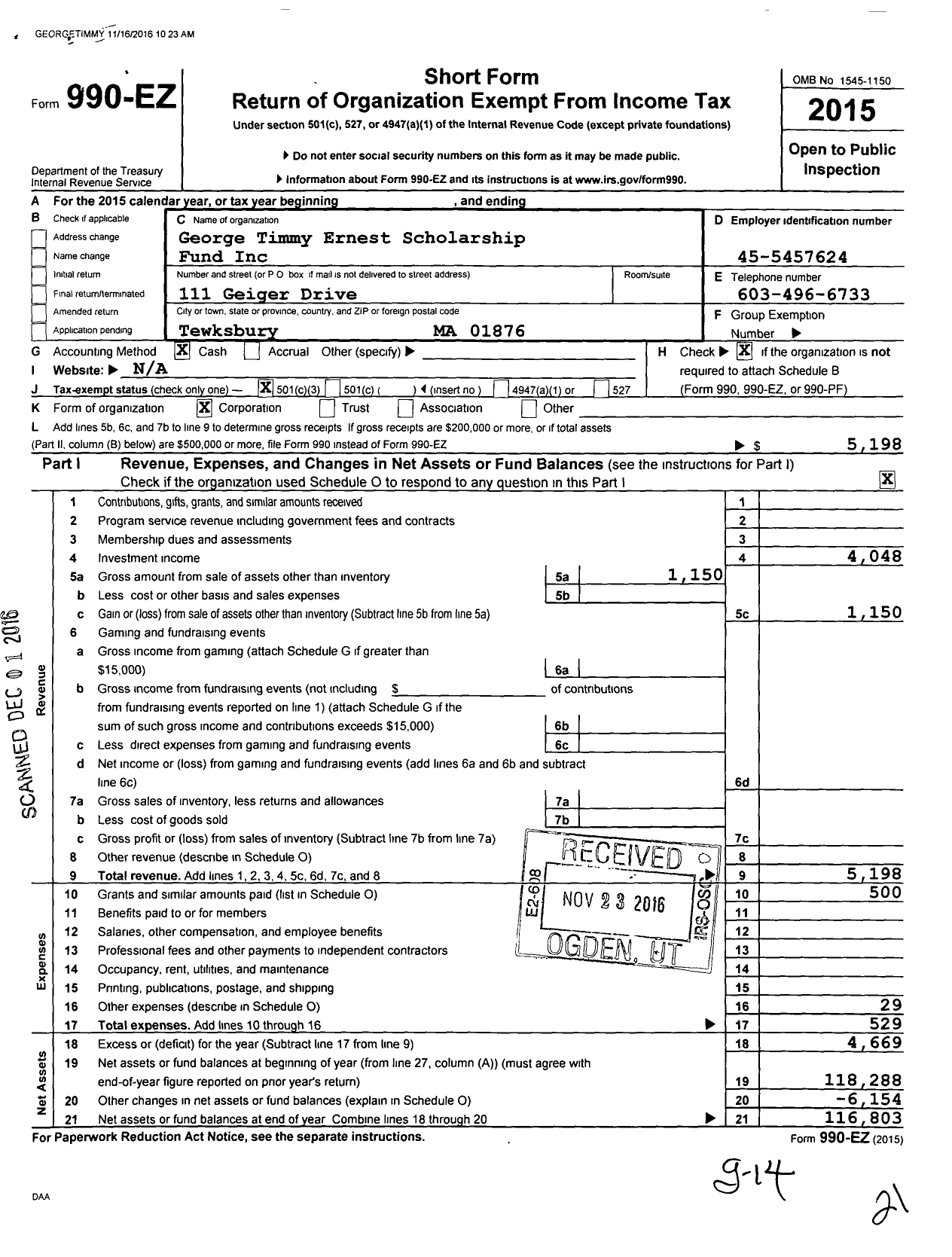 Image of first page of 2015 Form 990EZ for George Timmy Ernest Scholarship Fund