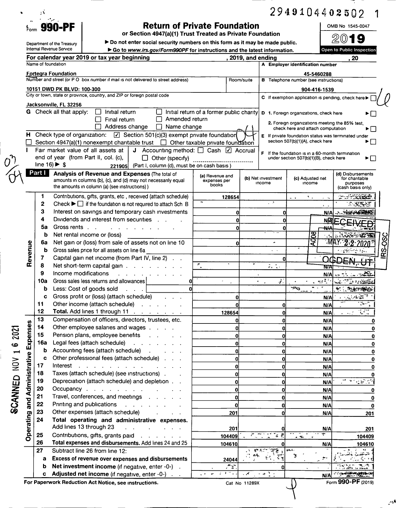 Image of first page of 2019 Form 990PF for Fortegra Foundation