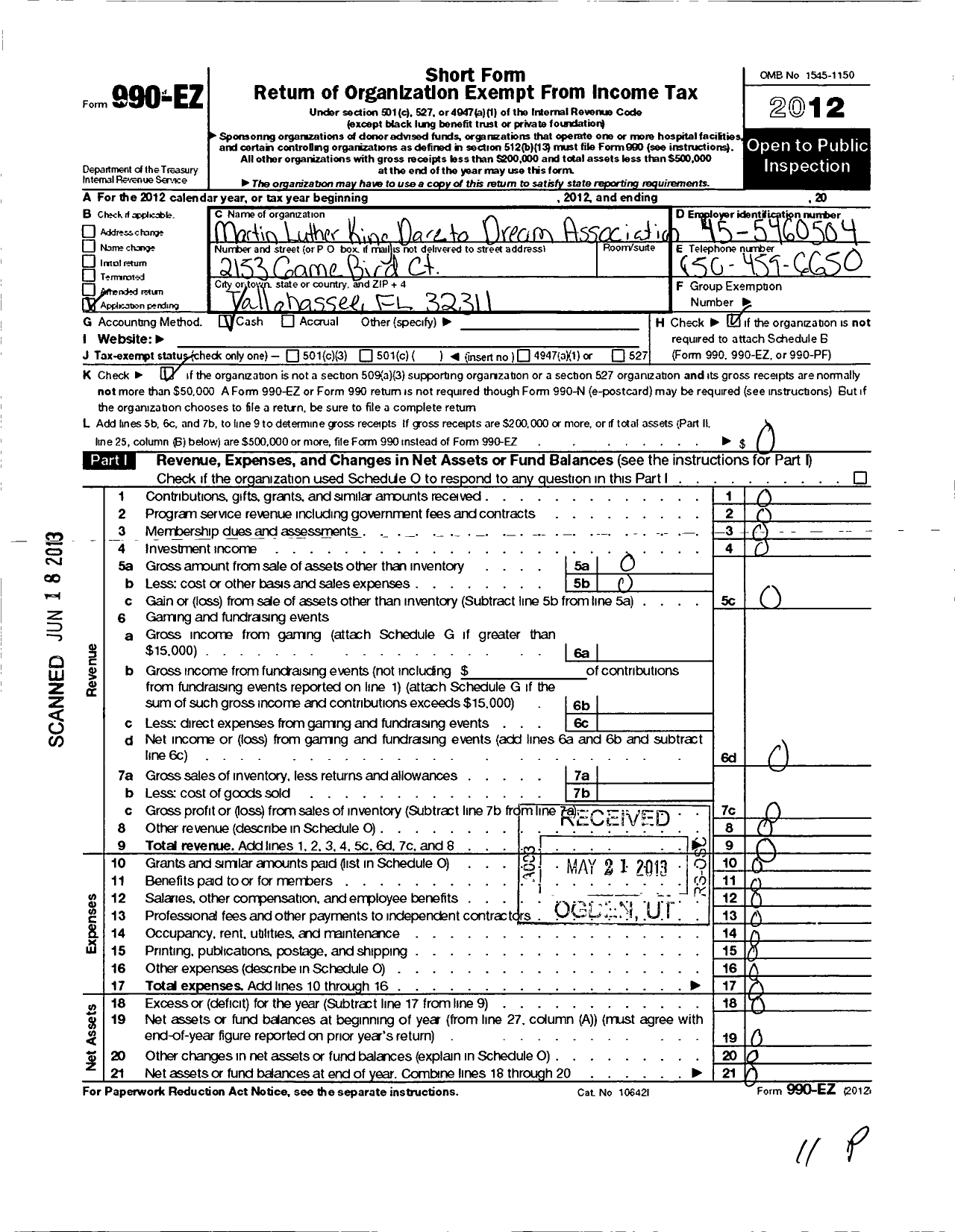 Image of first page of 2012 Form 990EO for Martin Luther King JR Dare To Dream Association