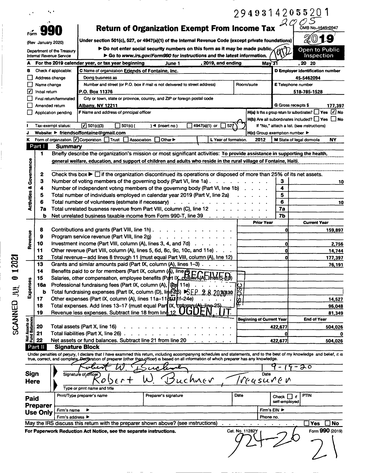 Image of first page of 2019 Form 990 for Friends of Fontaine