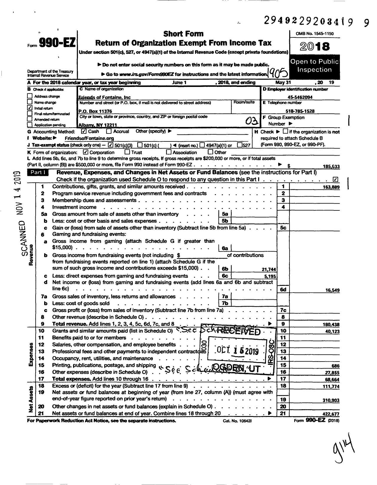 Image of first page of 2018 Form 990EZ for Friends of Fontaine