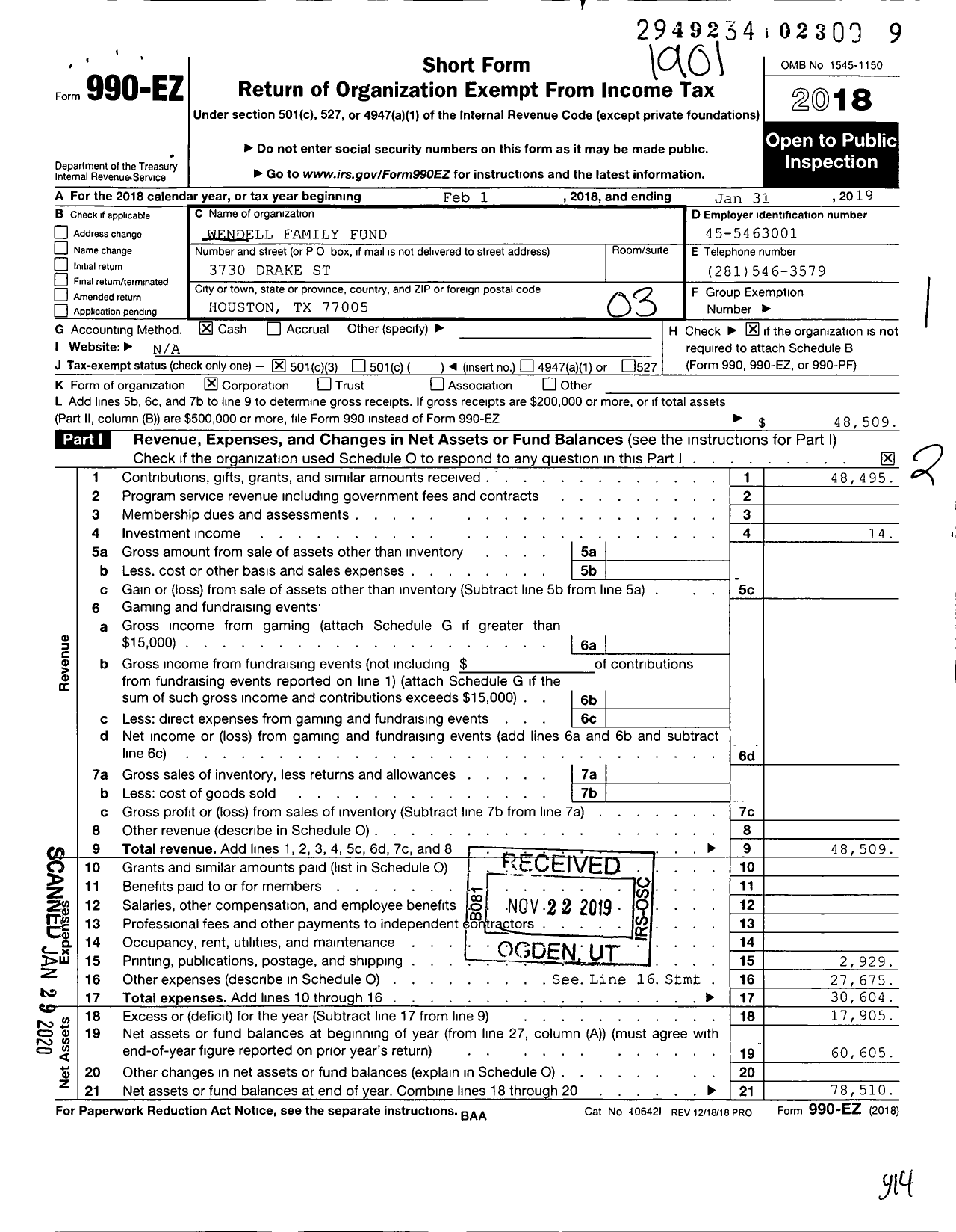 Image of first page of 2018 Form 990EZ for Wendell Family Fund