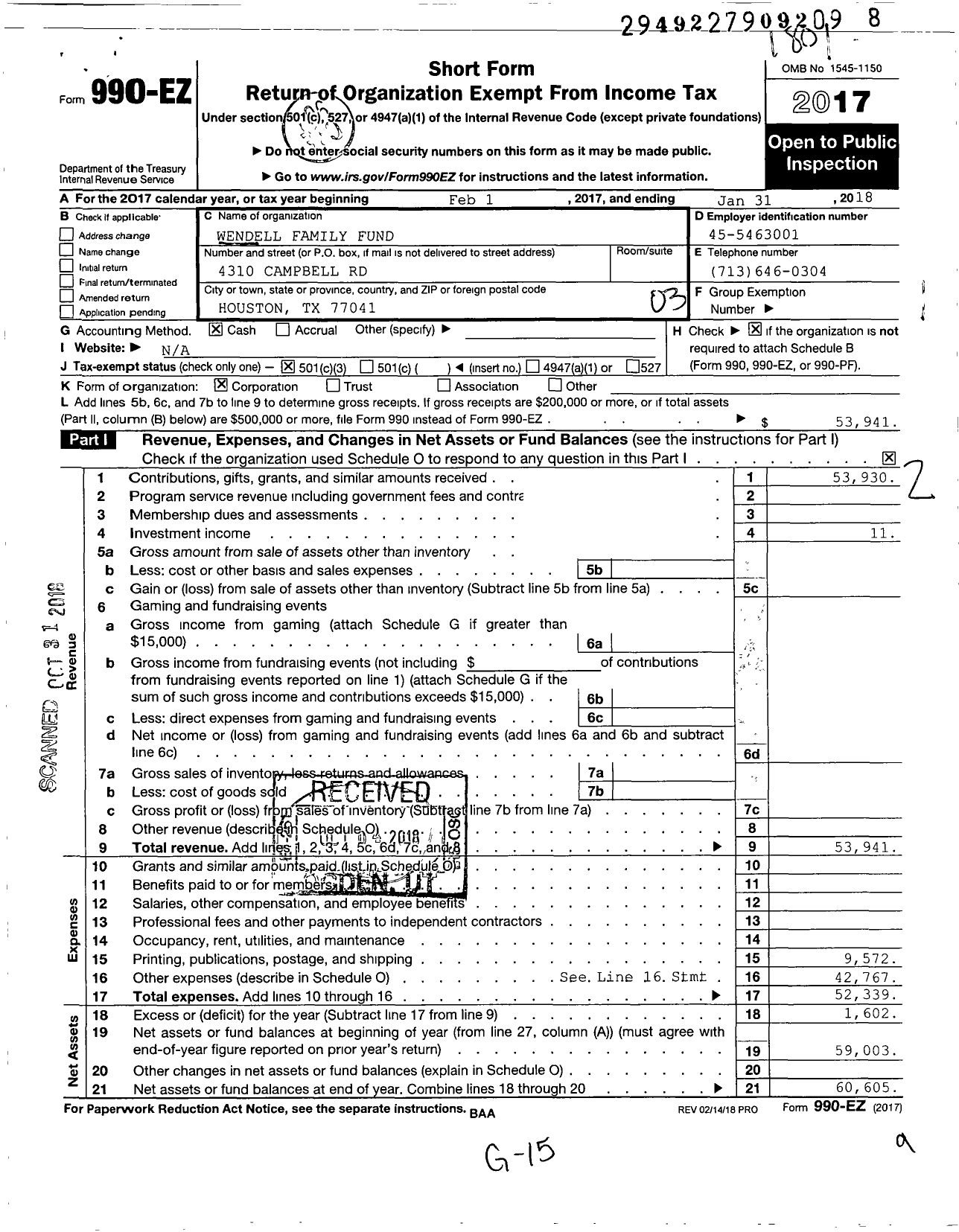 Image of first page of 2017 Form 990EZ for Wendell Family Fund