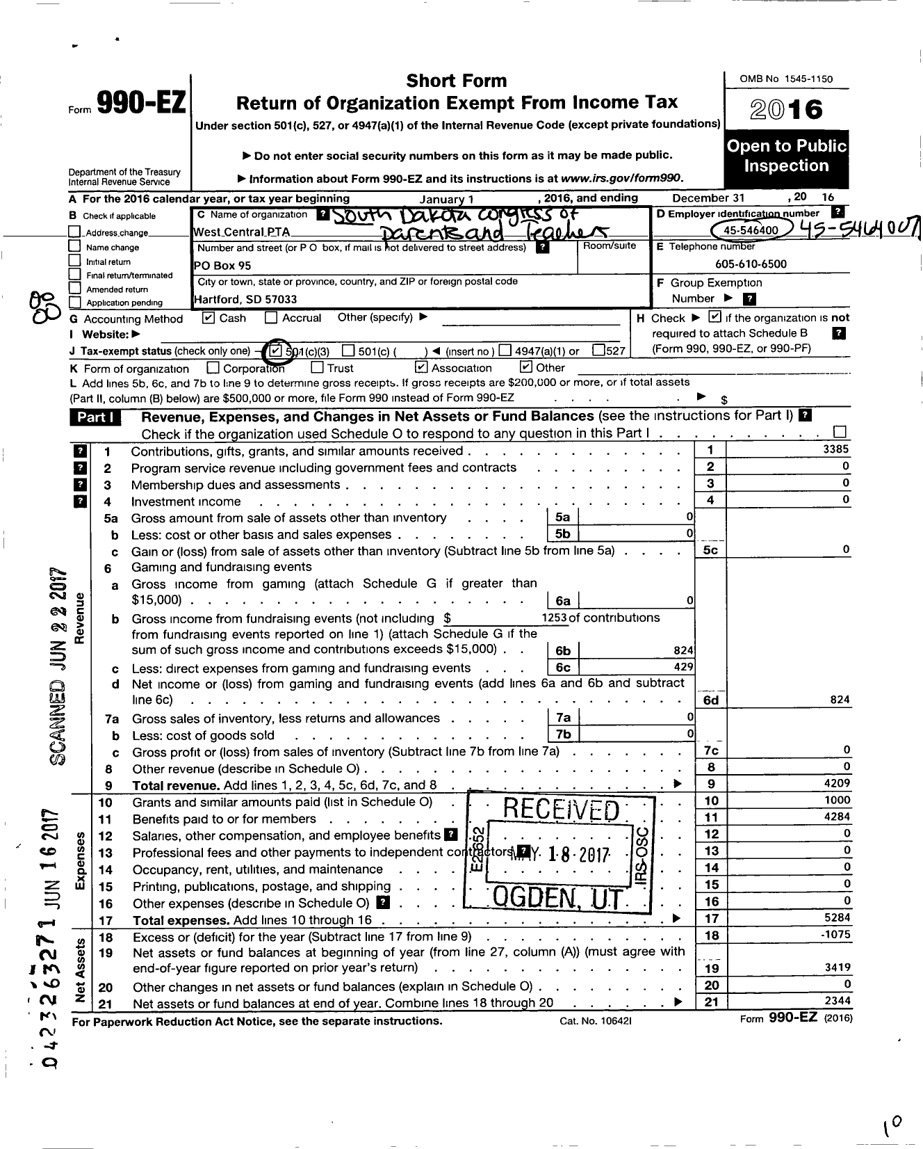 Image of first page of 2016 Form 990EO for West Central PTA