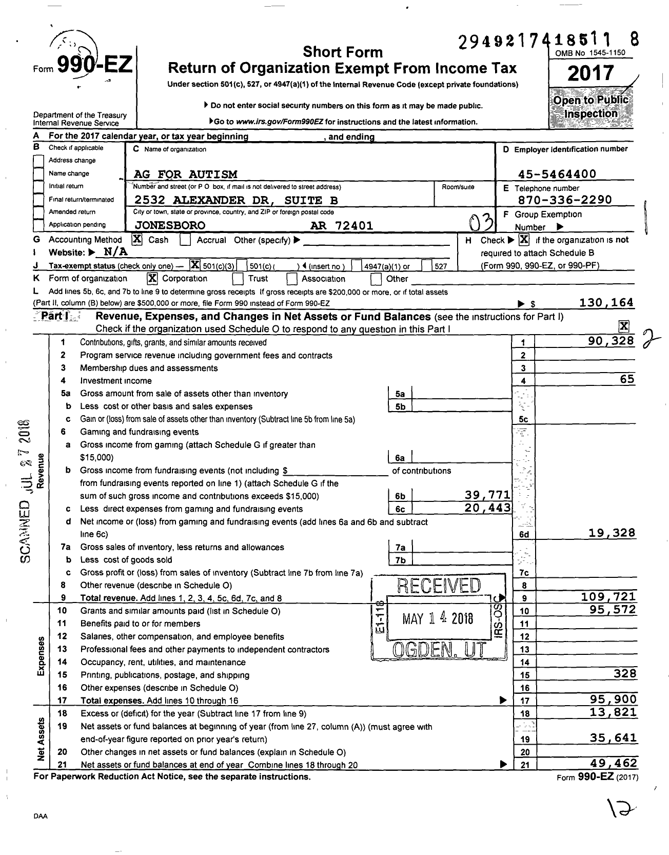 Image of first page of 2017 Form 990EZ for Ag for Autism co Daniel Pieron