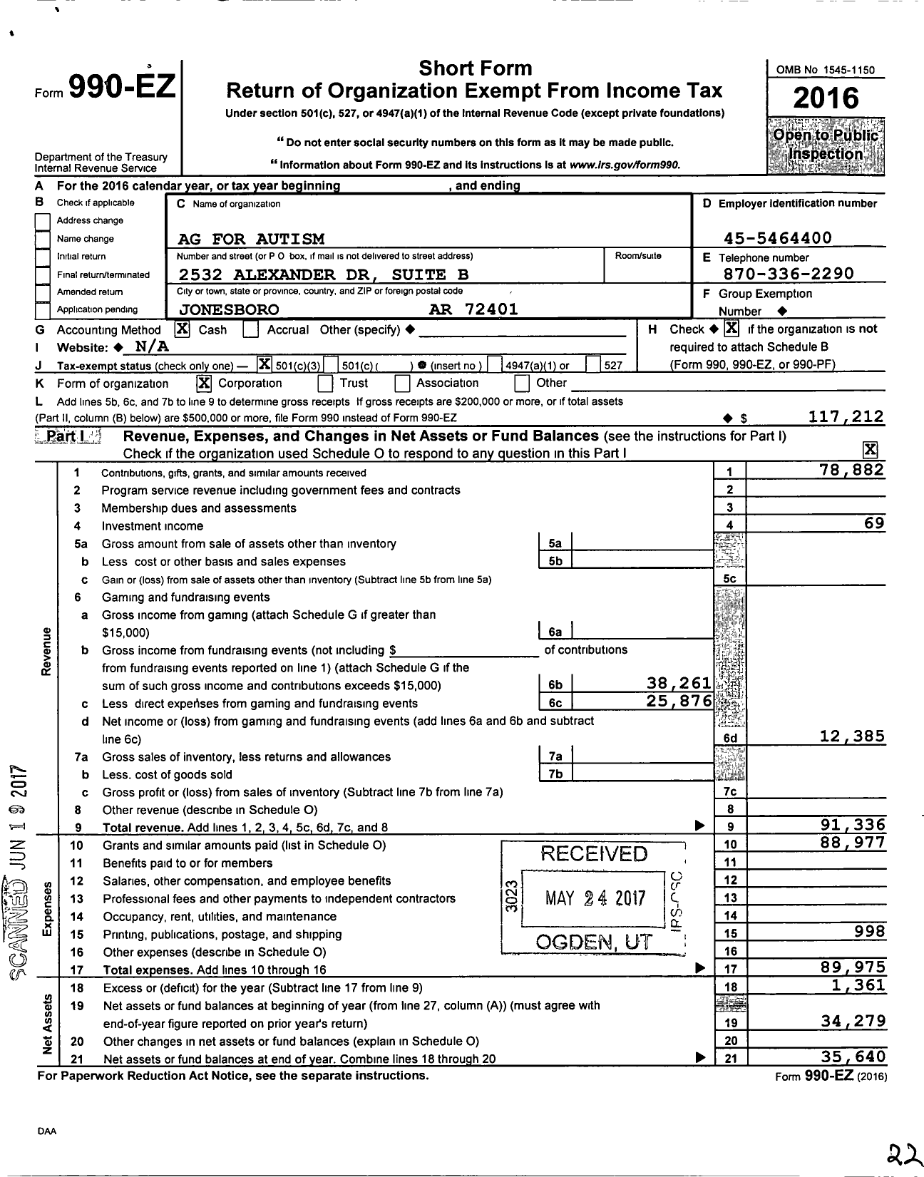 Image of first page of 2016 Form 990EZ for Ag for Autism co Daniel Pieron