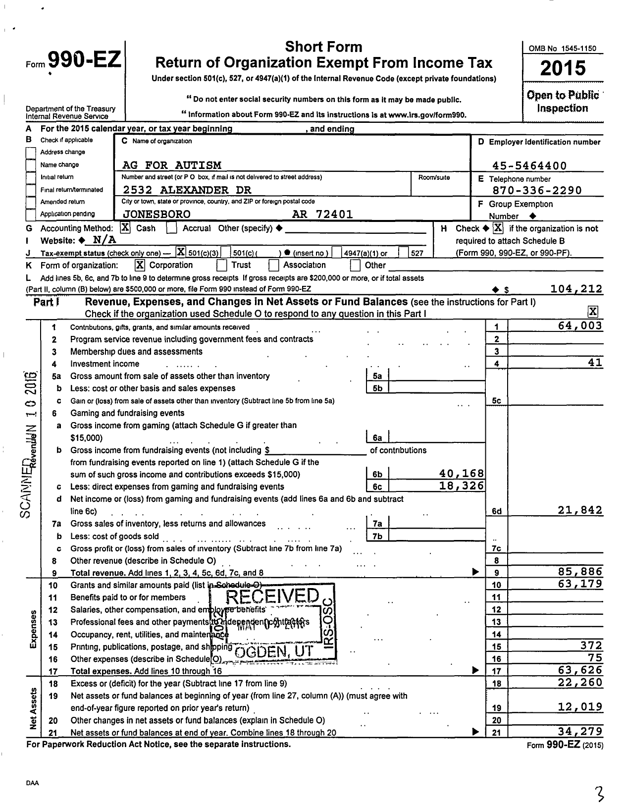 Image of first page of 2015 Form 990EZ for Ag for Autism co Daniel Pieron