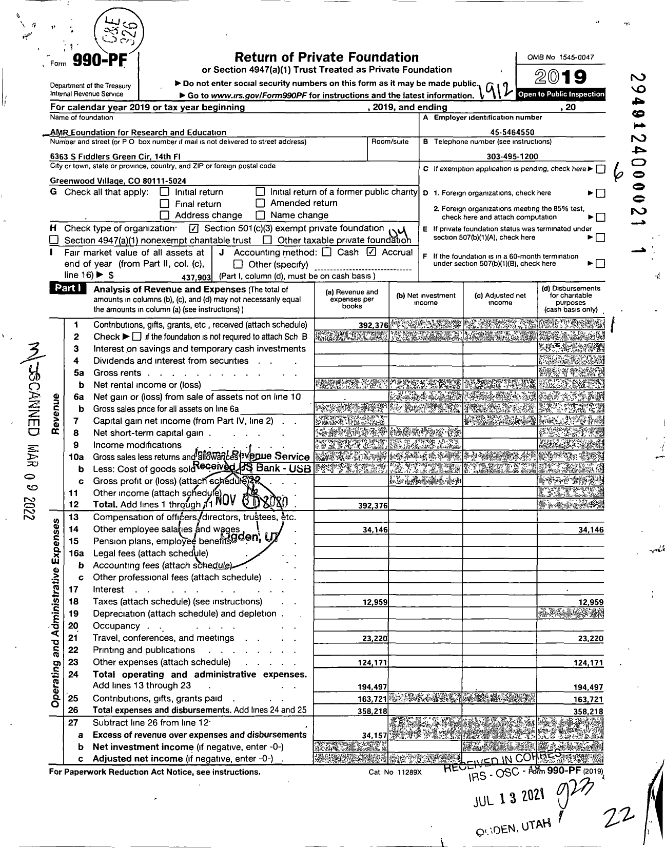 Image of first page of 2019 Form 990PF for GMR Foundation for Research and Education